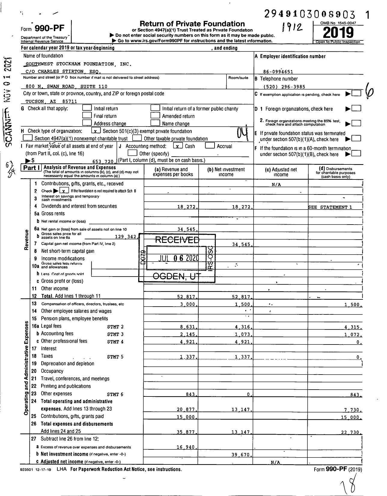 Image of first page of 2019 Form 990PF for Southwest Stockham Foundation