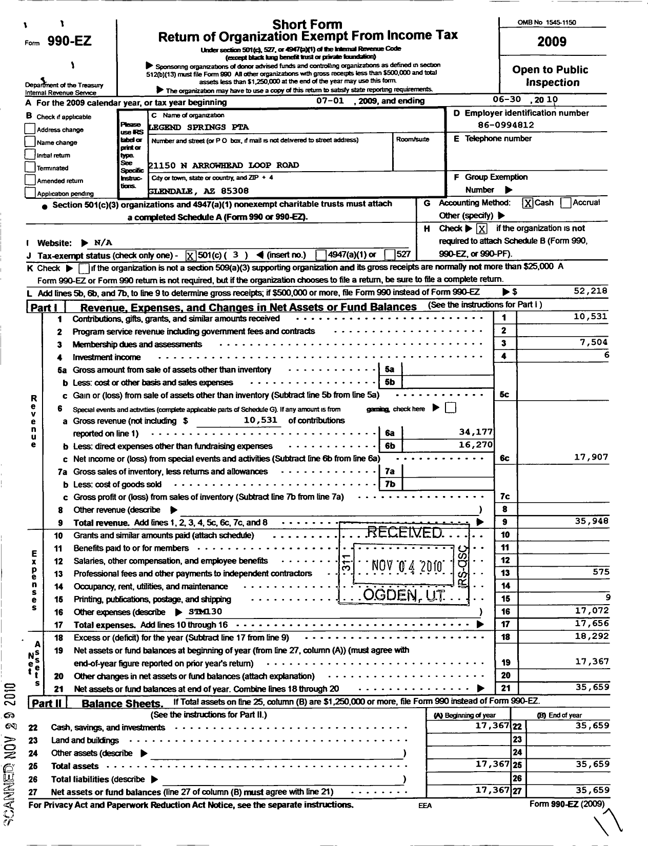 Image of first page of 2009 Form 990EZ for PTA Arizona Congress of Parents and Teachers / Legend Springs PTA