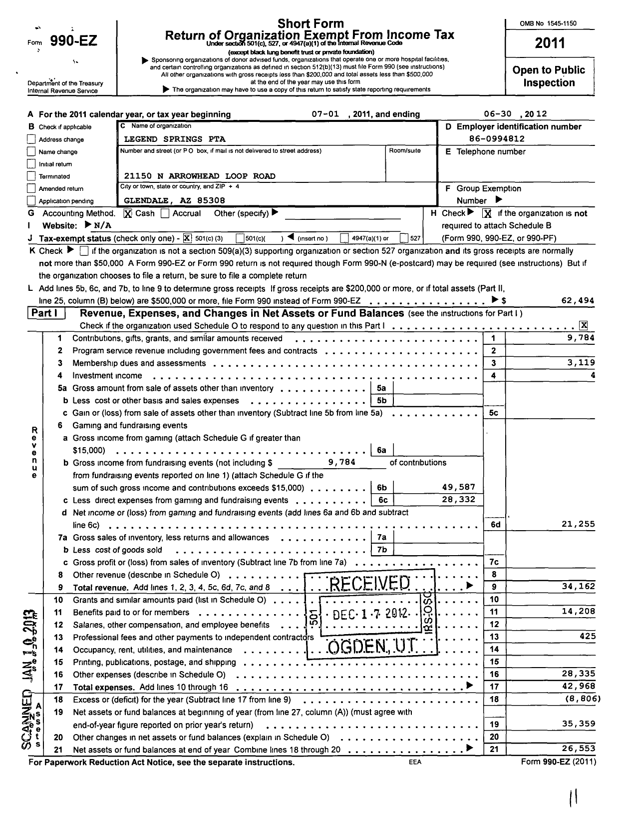 Image of first page of 2011 Form 990EZ for PTA Arizona Congress of Parents and Teachers / Legend Springs PTA