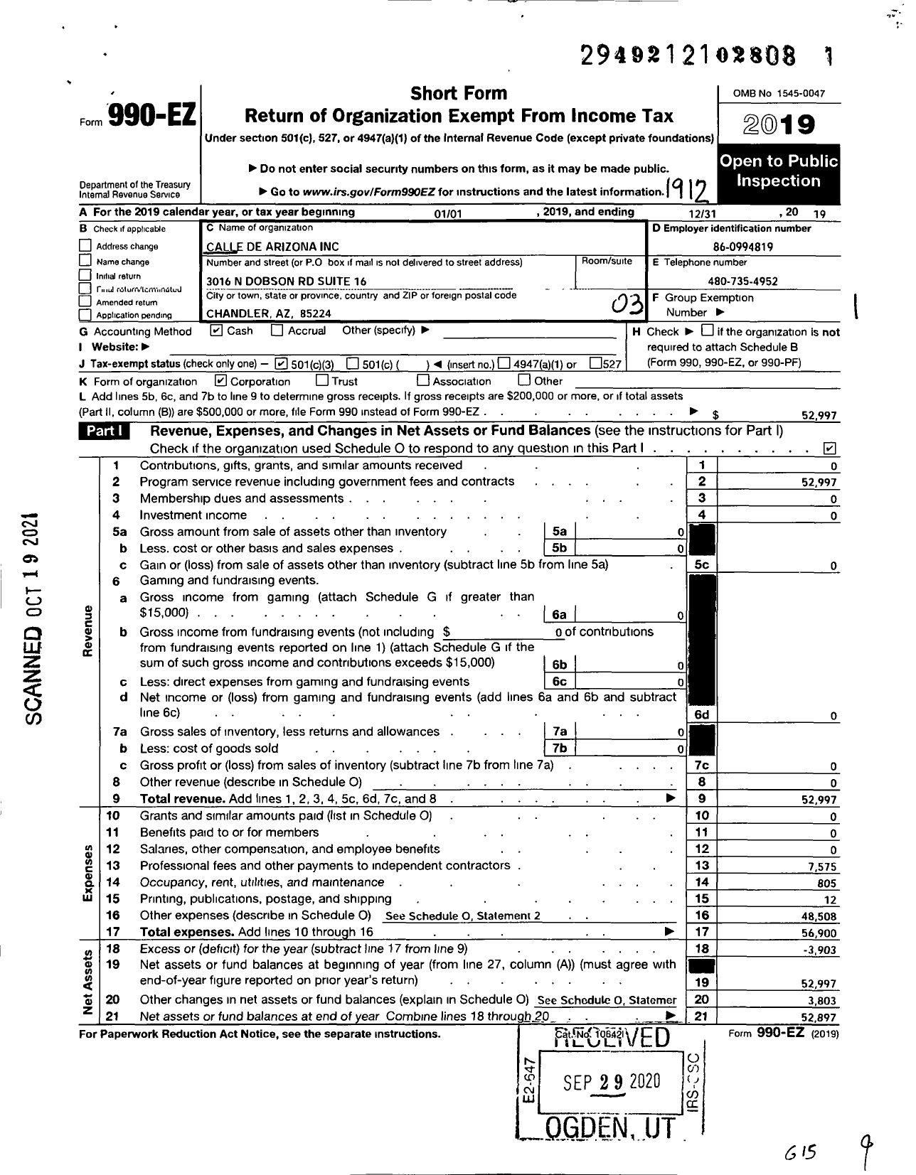 Image of first page of 2019 Form 990EZ for Calle de Arizona