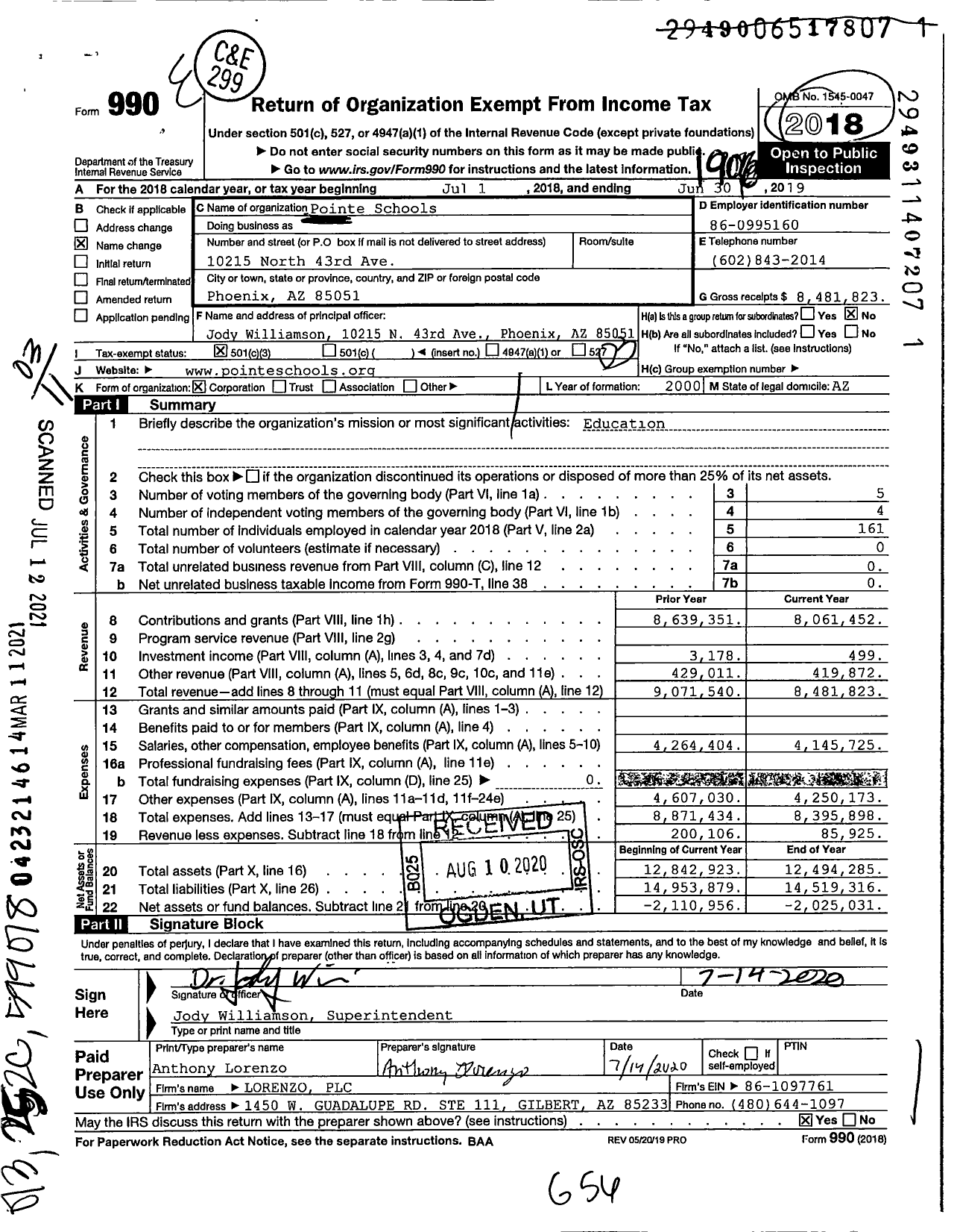 Image of first page of 2018 Form 990 for Pointe Schools