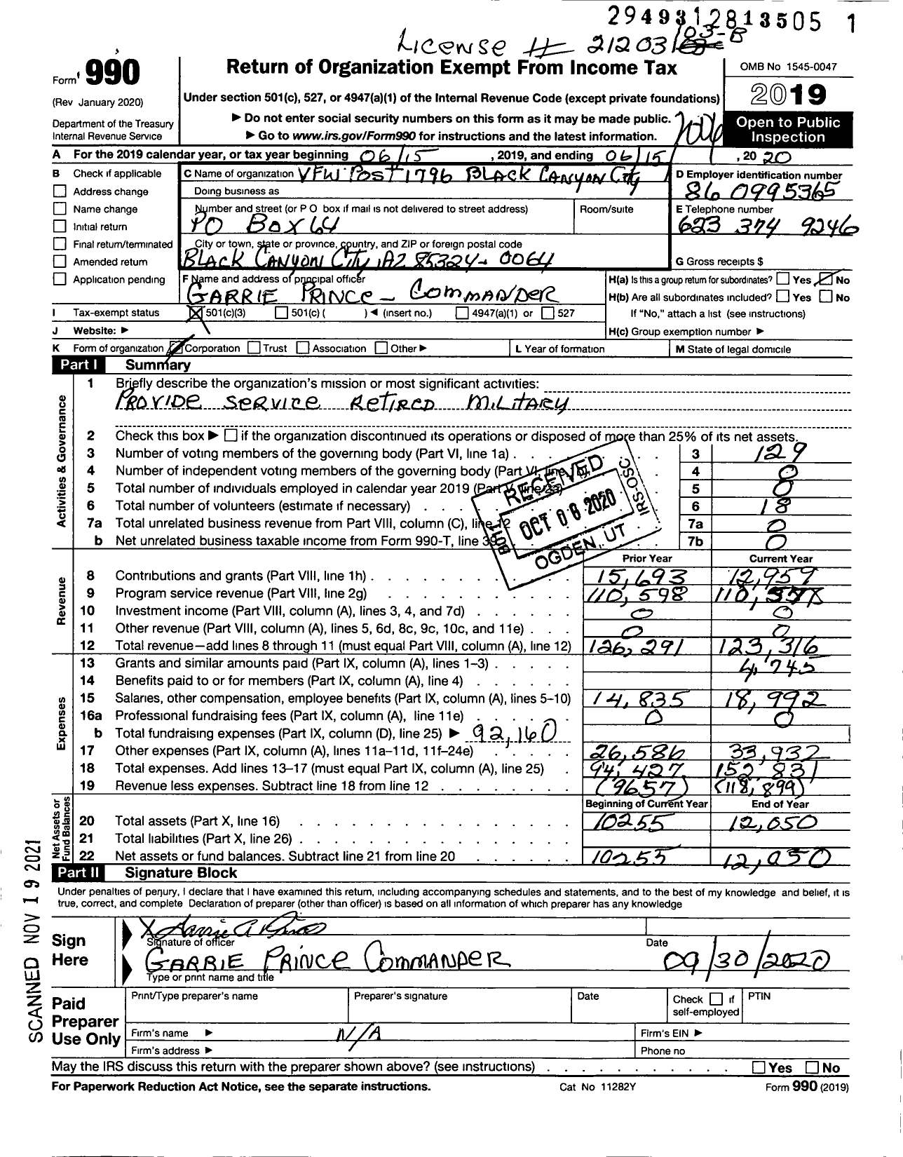 Image of first page of 2019 Form 990 for Veterans of Foreign Wars of Arizona - 1796 Black Canyon City Post