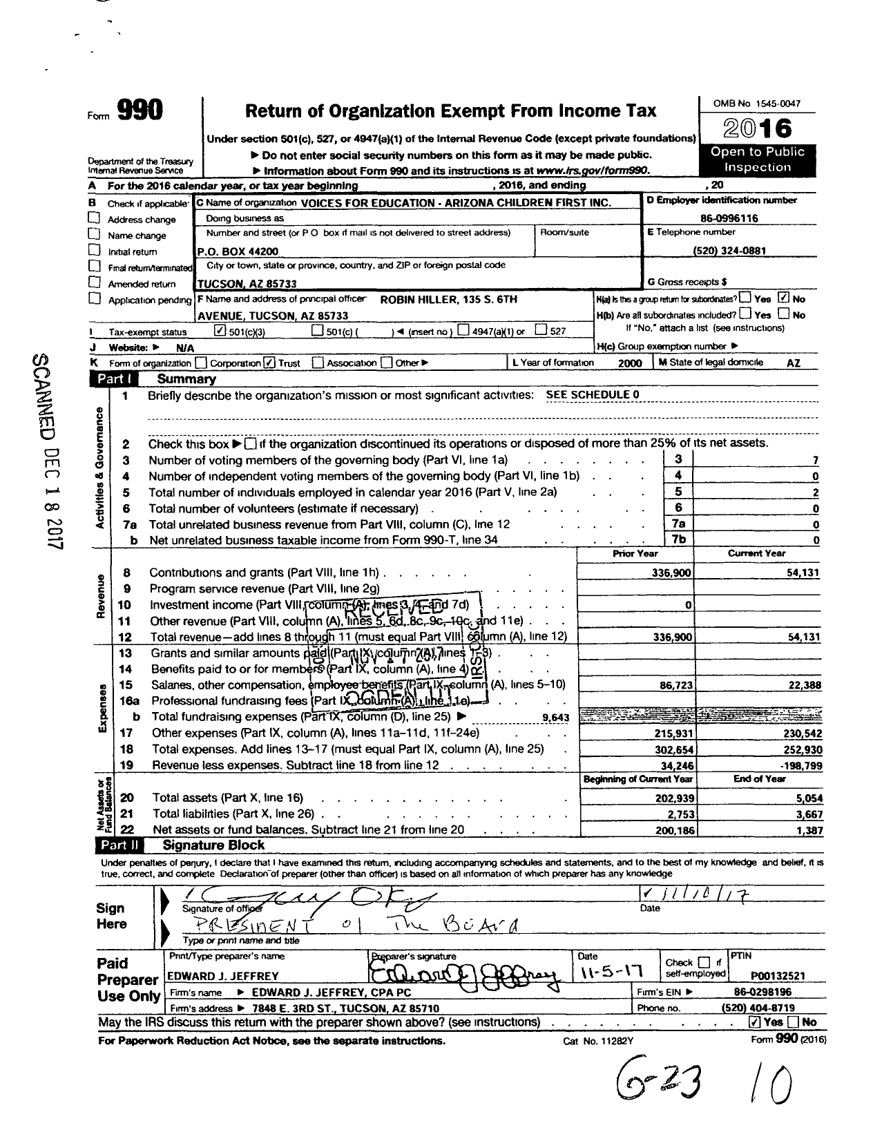 Image of first page of 2016 Form 990 for Voices for Education-Arizona Children First