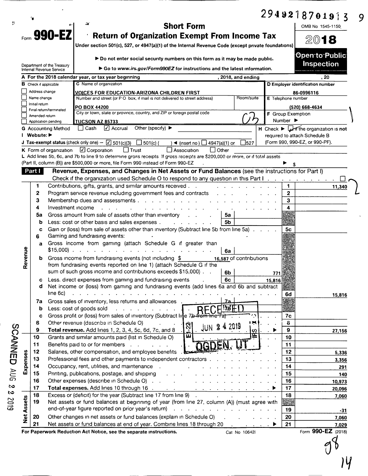 Image of first page of 2018 Form 990EZ for Voices for Education-Arizona Children First