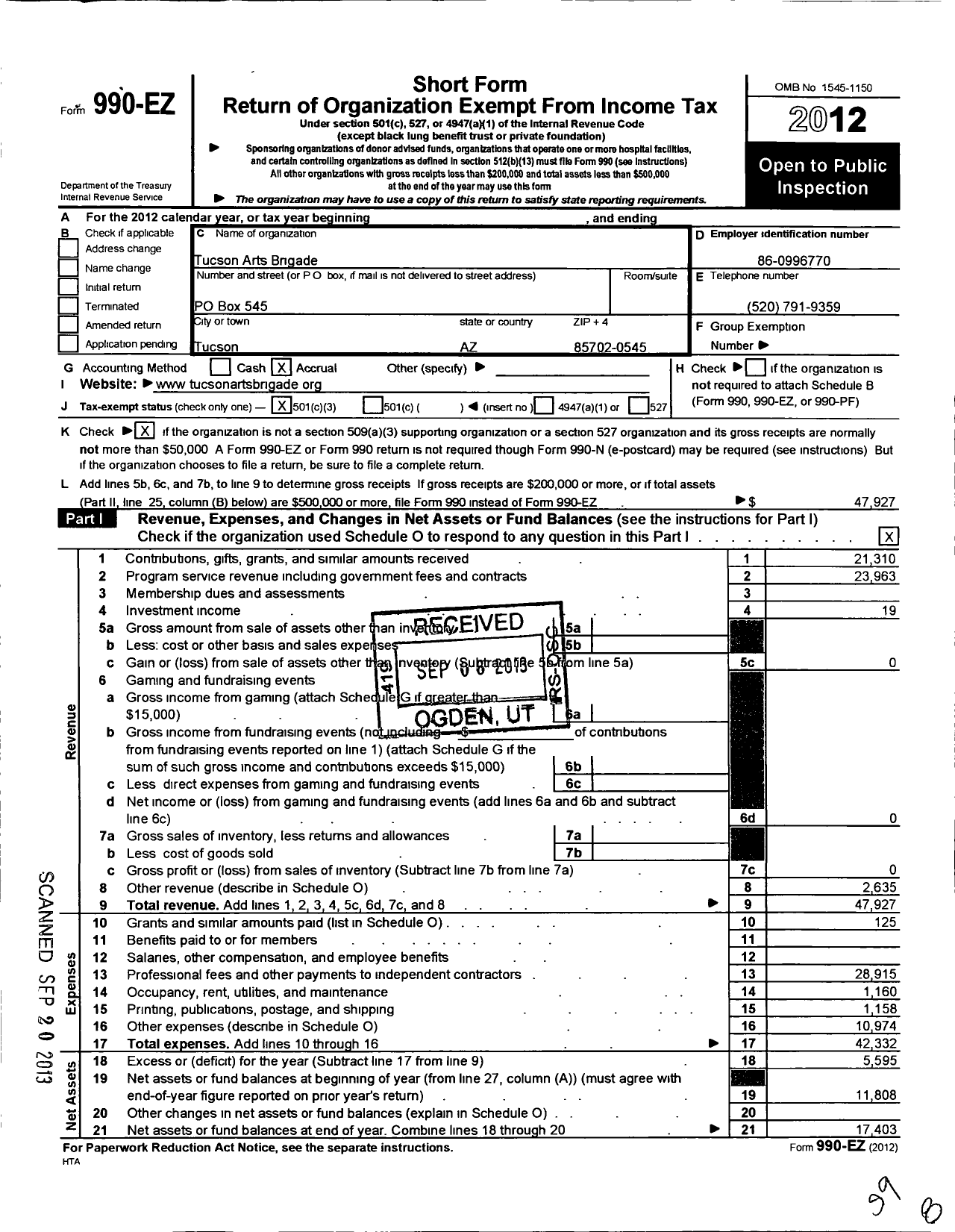 Image of first page of 2012 Form 990EZ for Tucson Arts Brigade