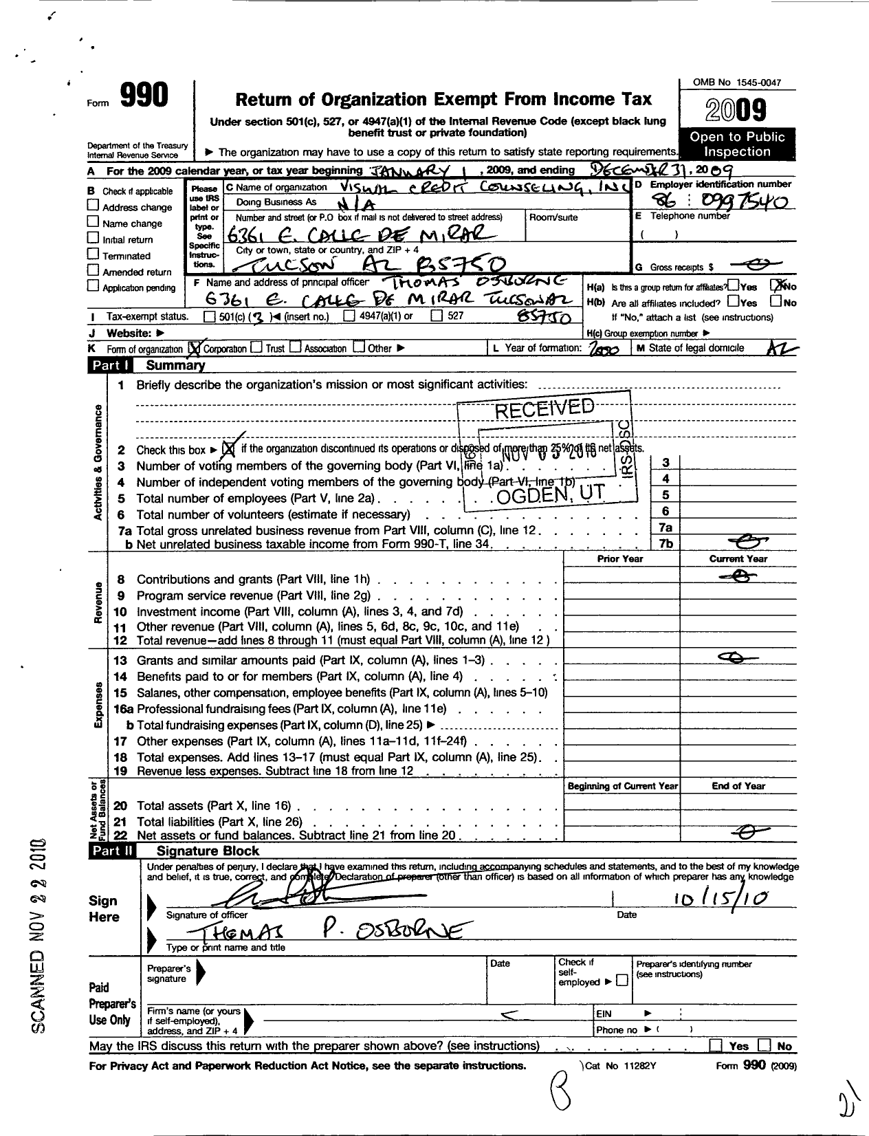 Image of first page of 2009 Form 990 for Visual Credit Counseling