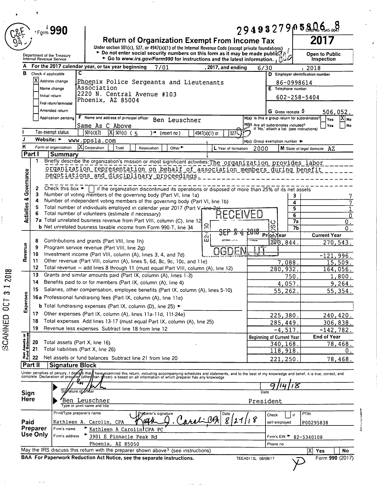 Image of first page of 2017 Form 990O for Phoenix Police Sergeants & Lieutenants