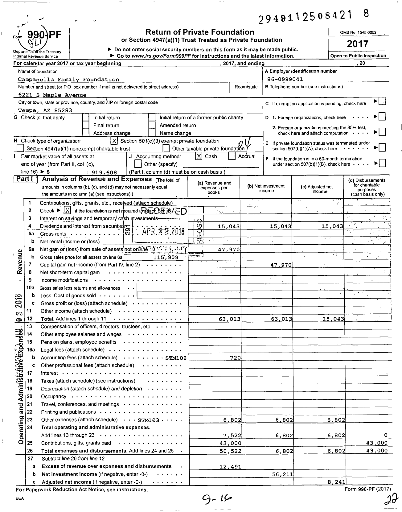 Image of first page of 2017 Form 990PF for Campanella Family Foundation