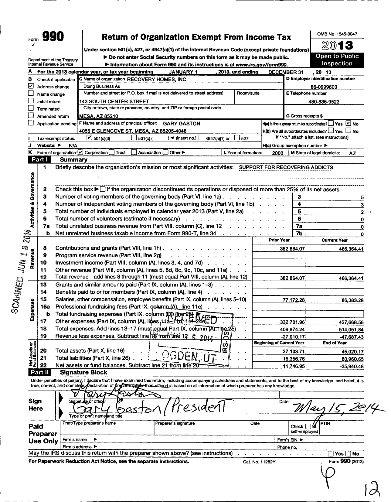 Image of first page of 2013 Form 990 for Recovery Homes