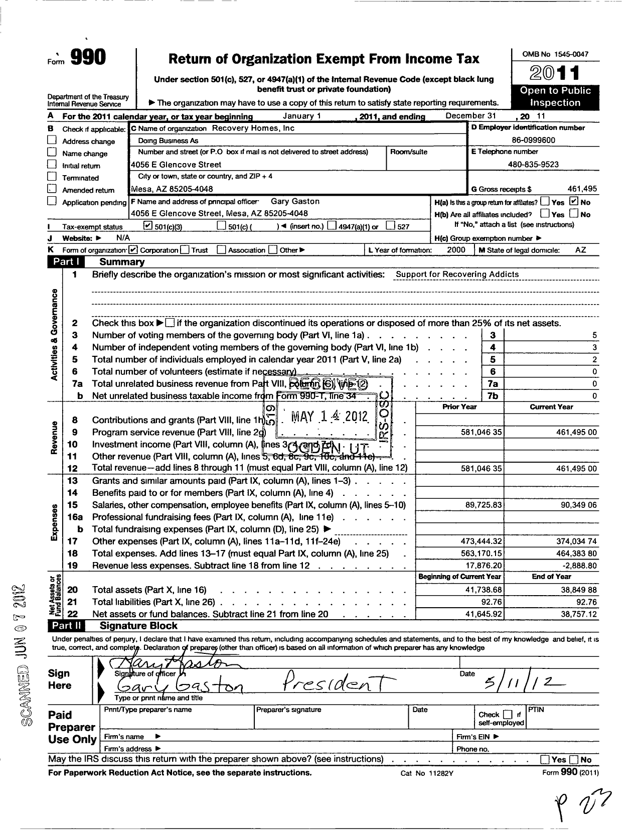 Image of first page of 2011 Form 990 for Recovery Homes