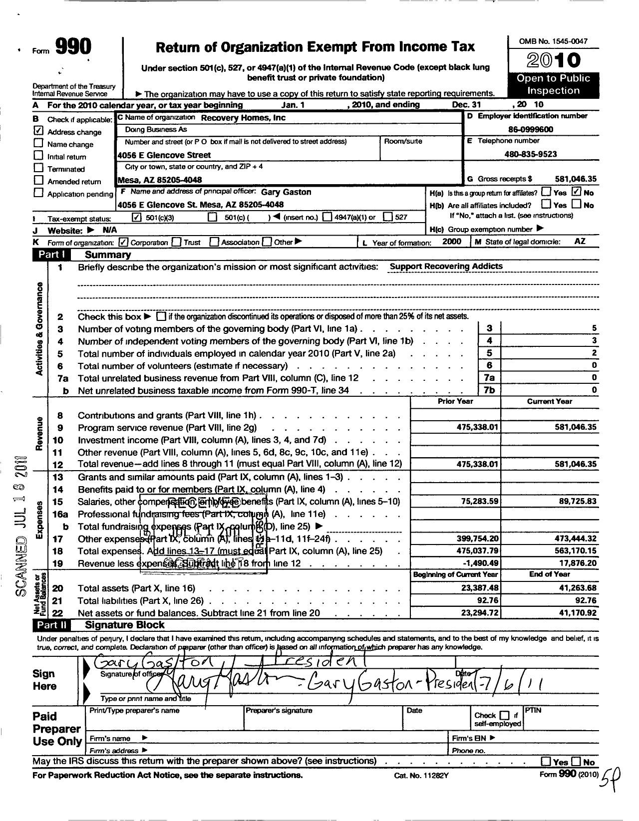 Image of first page of 2010 Form 990 for Recovery Homes