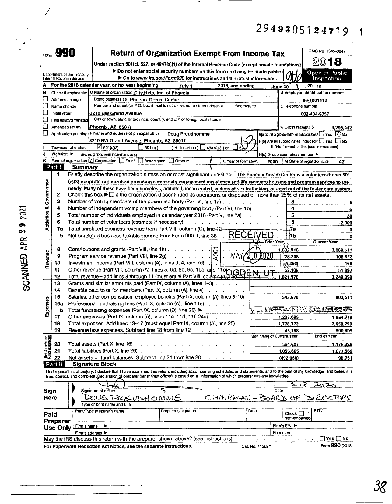 Image of first page of 2018 Form 990 for Phoenix Dream Center Where Hope Lives Dream Goods