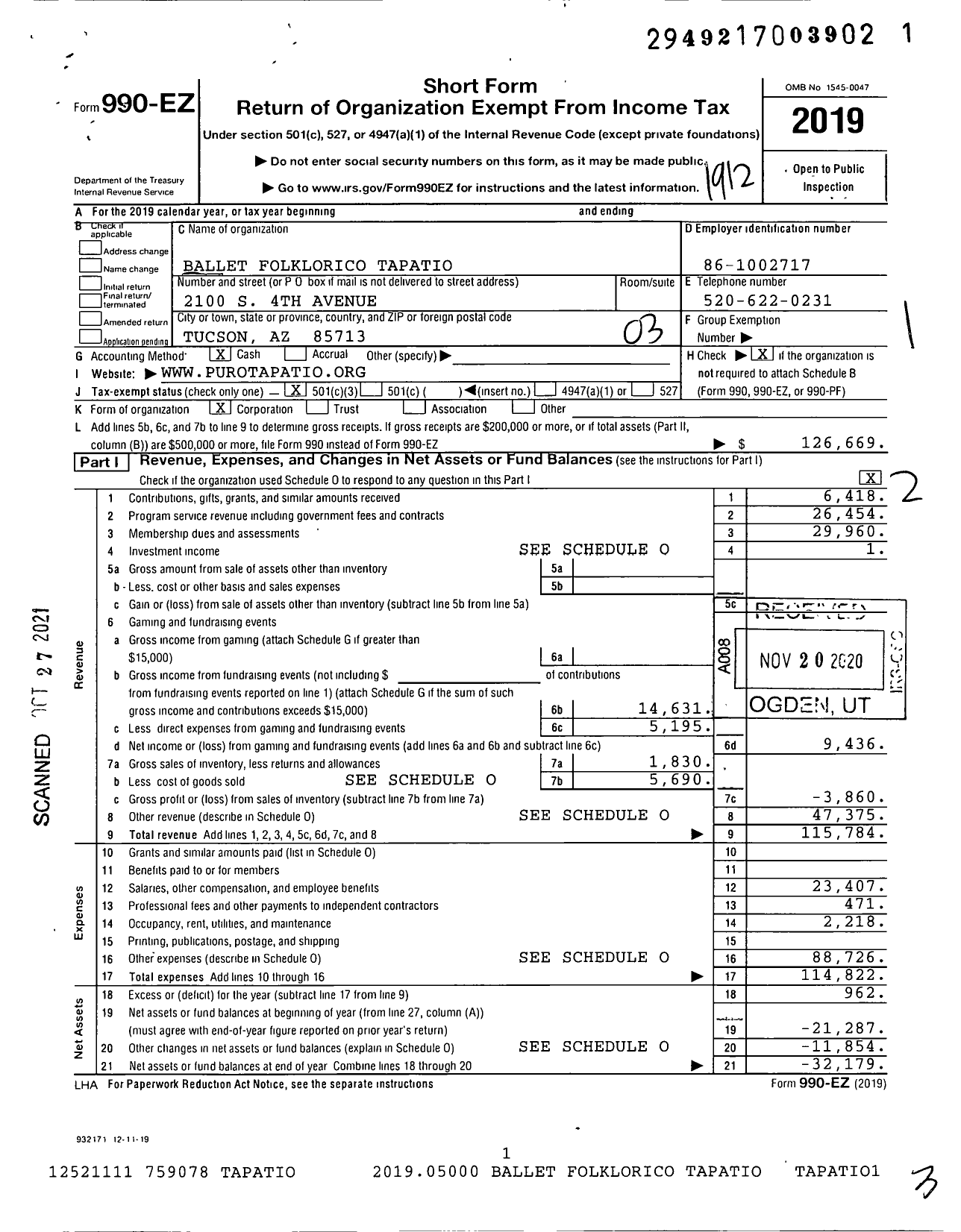 Image of first page of 2019 Form 990EZ for Ballet Folklorico Tapatio