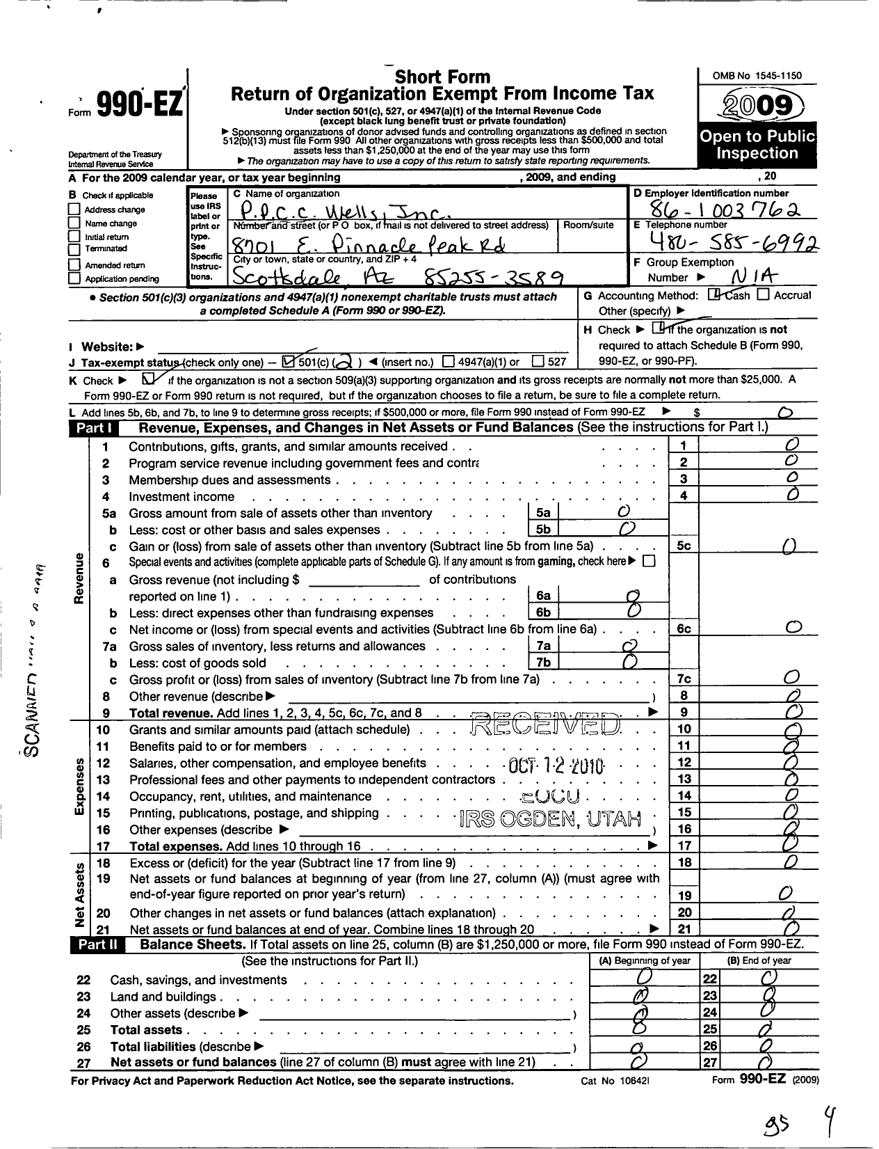 Image of first page of 2009 Form 990EO for P P C C Wells