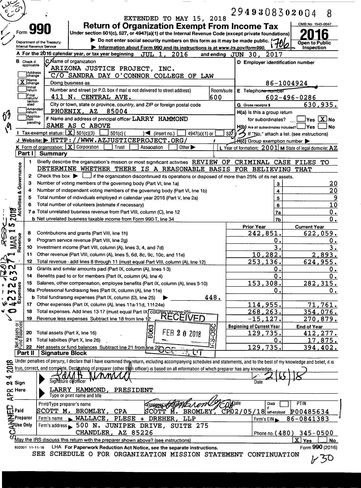 Image of first page of 2016 Form 990 for Arizona Justice Project