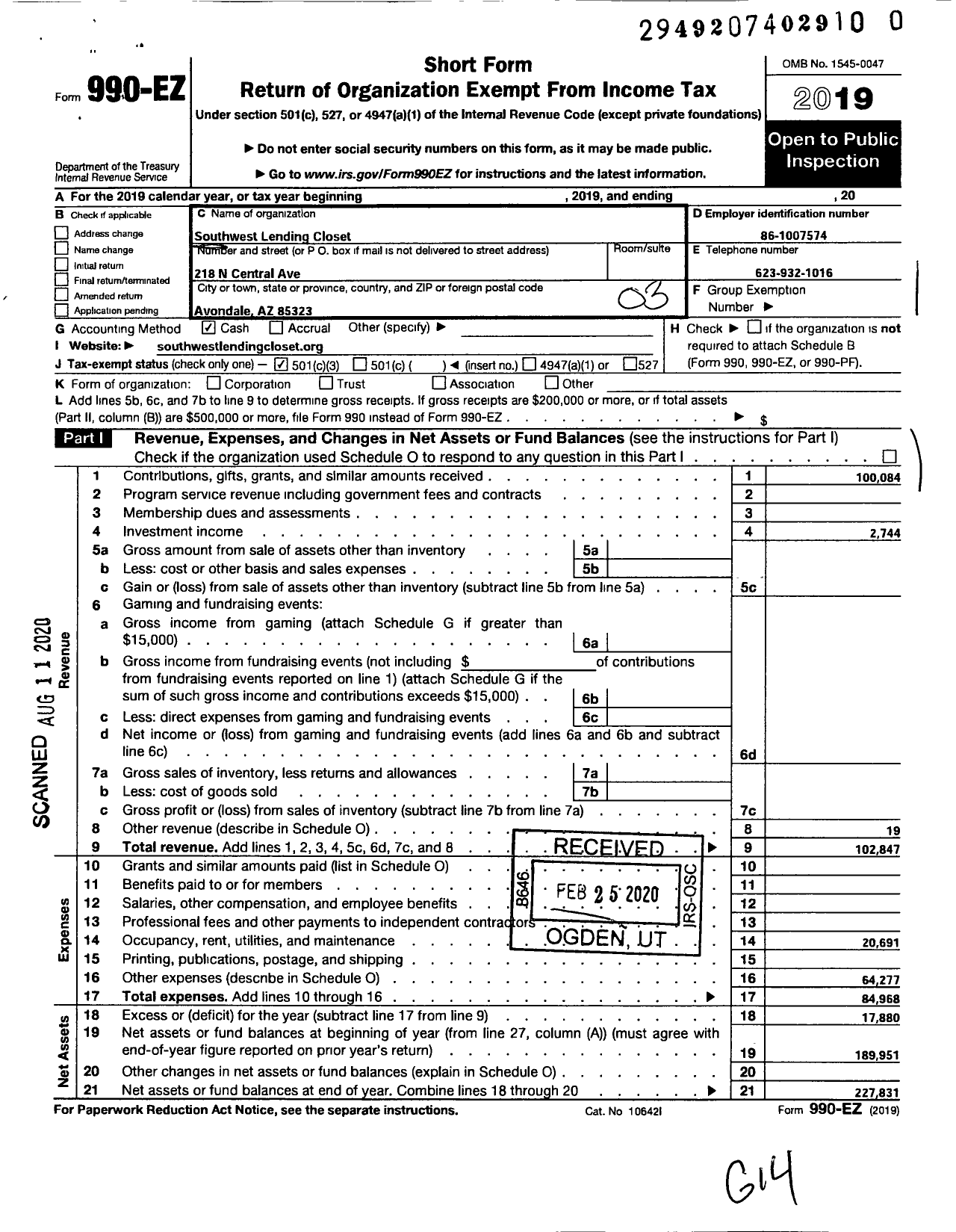 Image of first page of 2019 Form 990EZ for Southwest Lending Closet