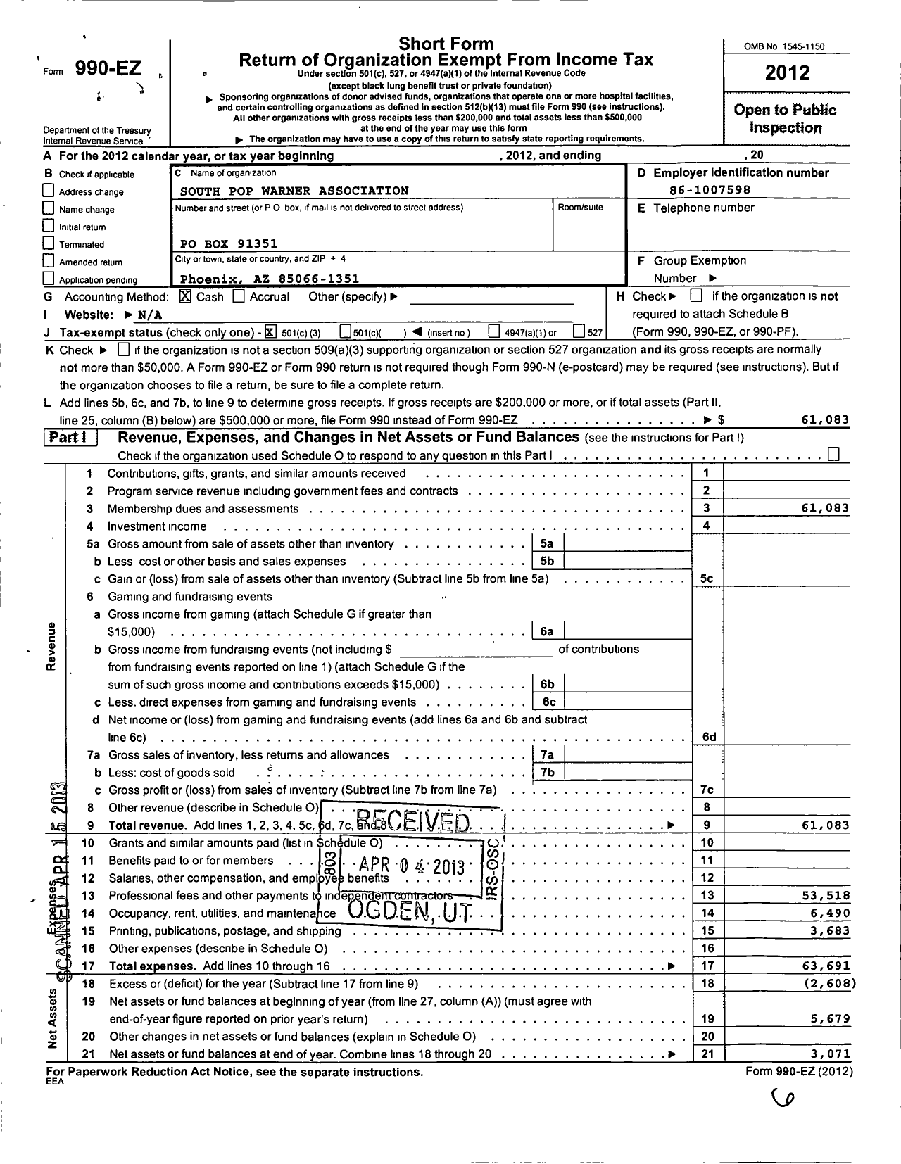 Image of first page of 2012 Form 990EZ for Pop Warner Little Scholars / South Pop Warner Association