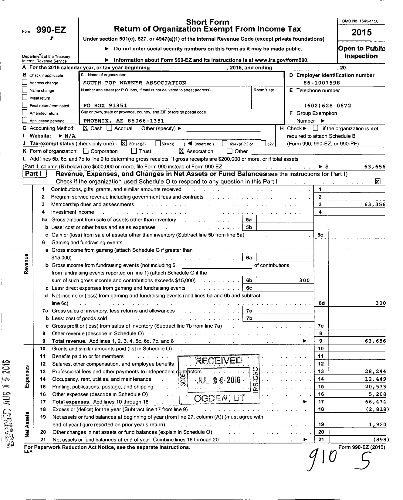 Image of first page of 2015 Form 990EZ for Pop Warner Little Scholars / South Pop Warner Association