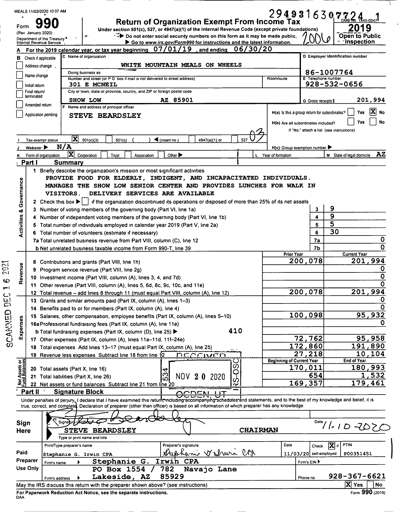 Image of first page of 2019 Form 990 for White Mountain Meals on Wheels