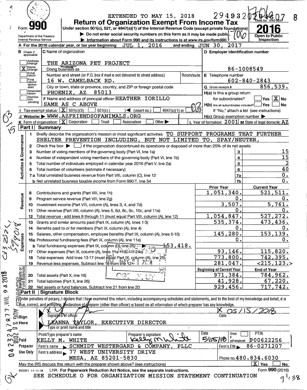 Image of first page of 2016 Form 990 for The Arizona Pet Project