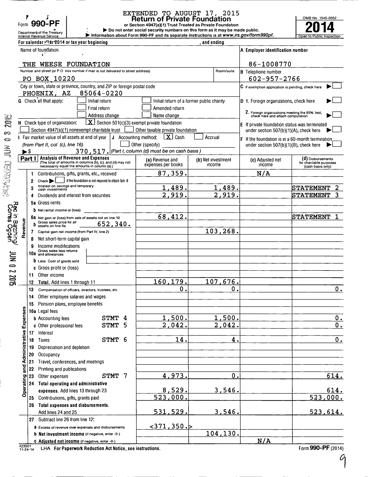 Image of first page of 2014 Form 990PF for The Weese Foundation