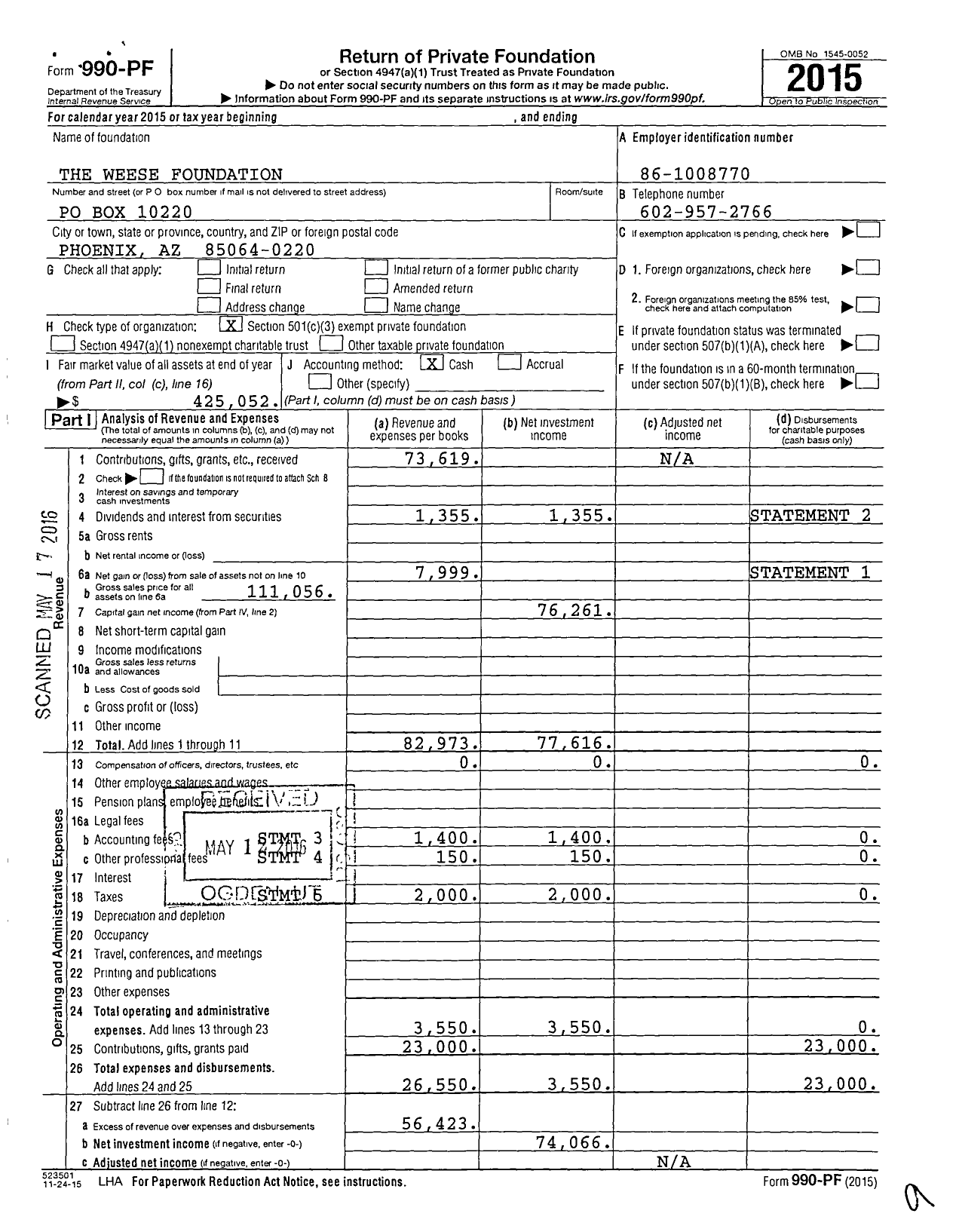 Image of first page of 2015 Form 990PF for The Weese Foundation