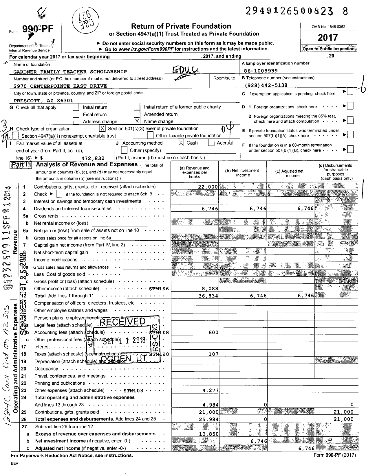 Image of first page of 2017 Form 990PF for Gardner Family Teacher Scholarship