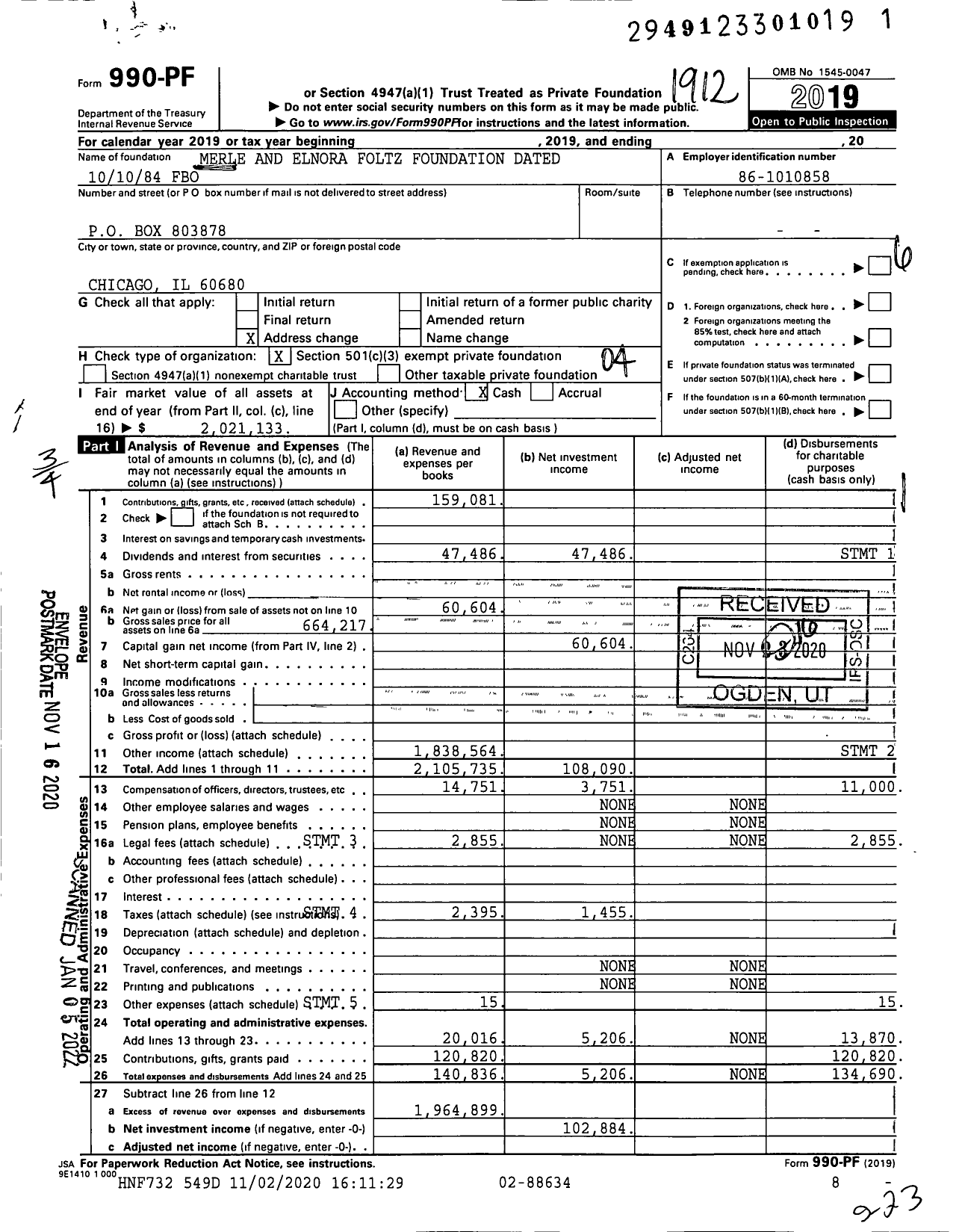 Image of first page of 2019 Form 990PF for Merle and Elnora Foltz Foundation Dated