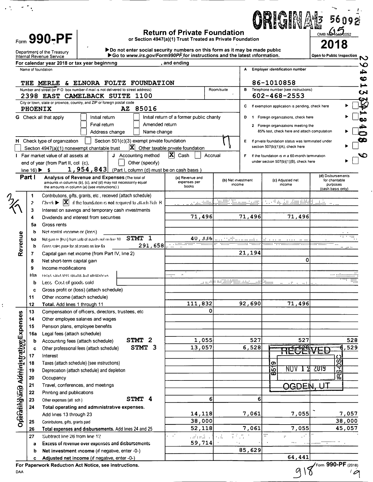 Image of first page of 2018 Form 990PF for Merle and Elnora Foltz Foundation Dated