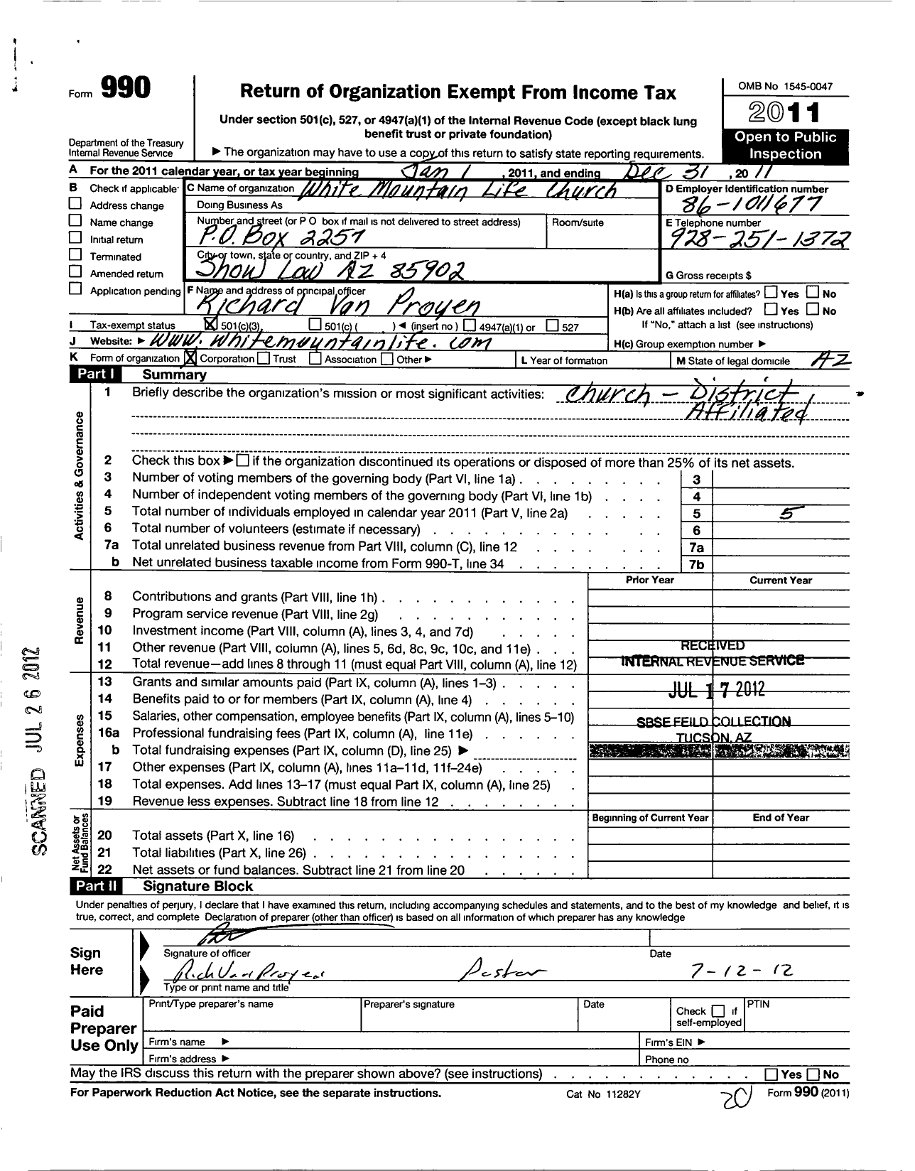Image of first page of 2011 Form 990 for White Mountain Life Church