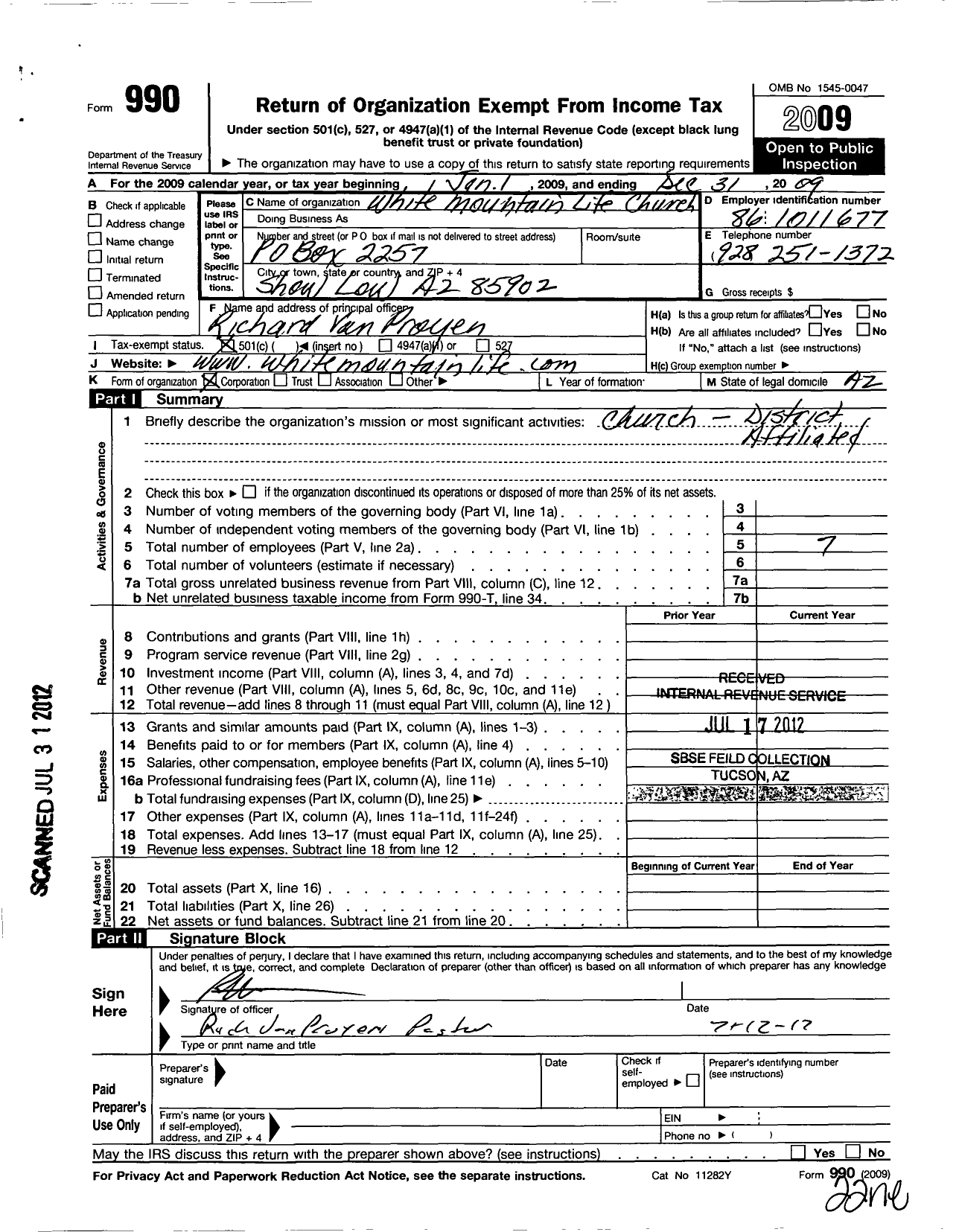 Image of first page of 2009 Form 990O for White Mountain Life Church