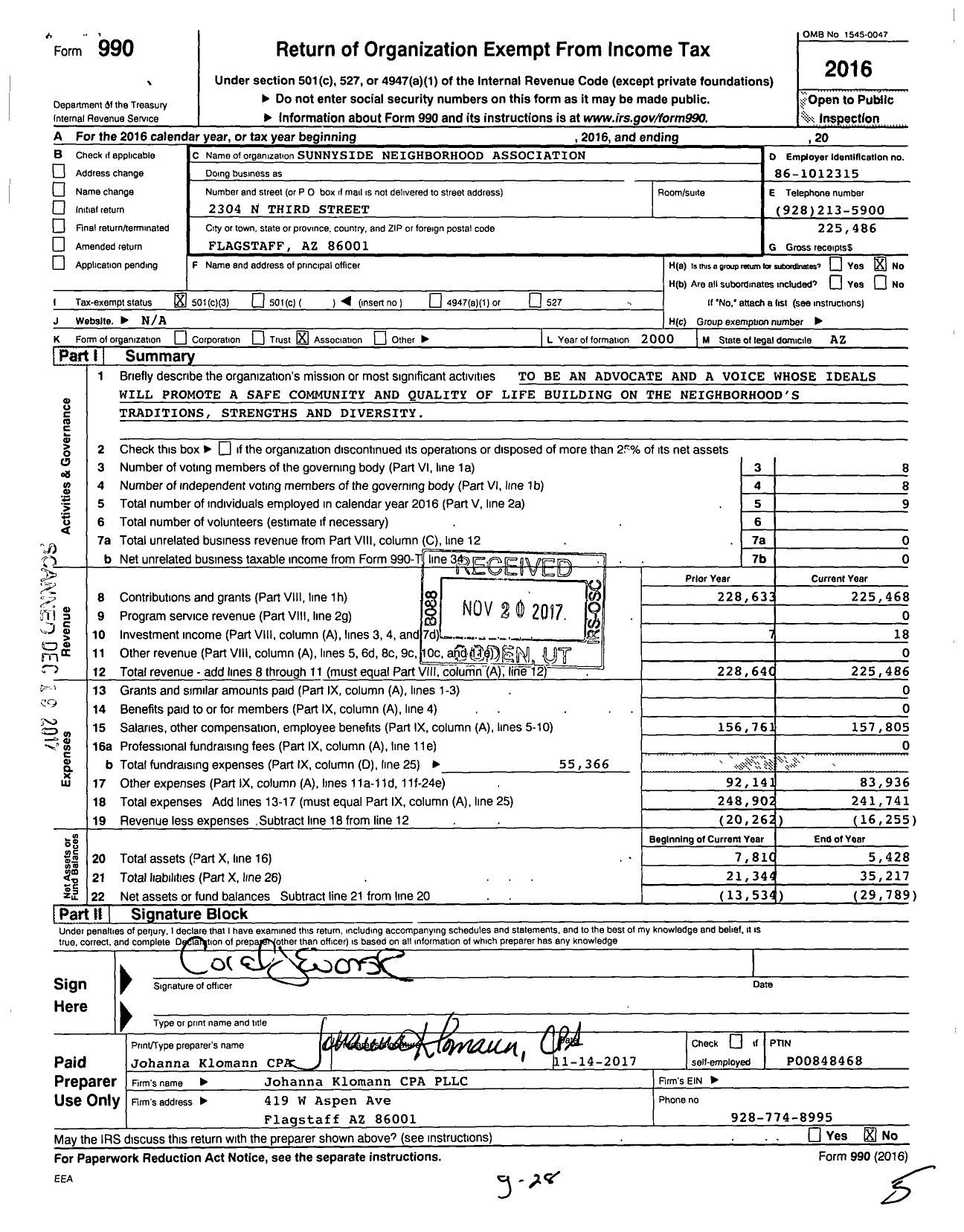 Image of first page of 2016 Form 990 for Sunnyside Neighborhood Association