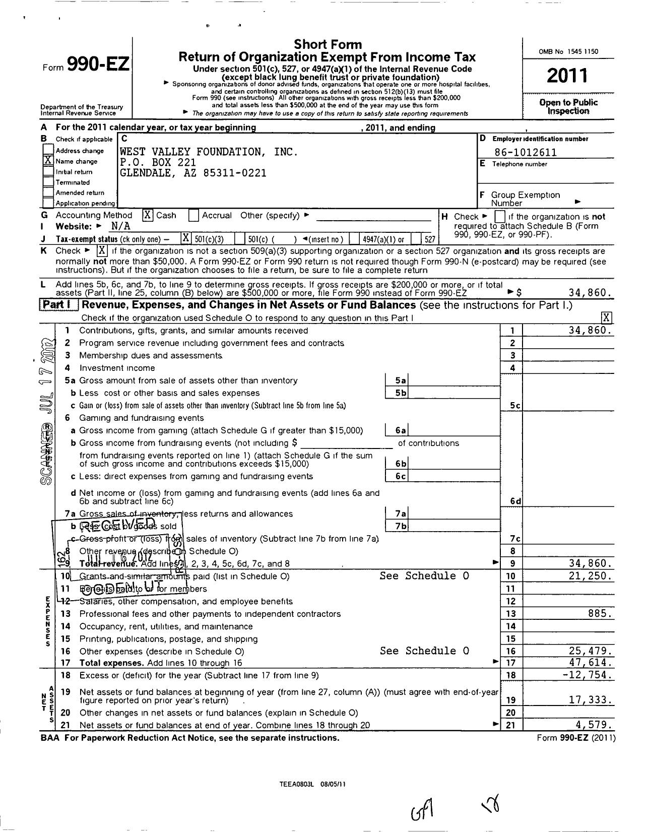 Image of first page of 2011 Form 990EZ for West Valley Foundation