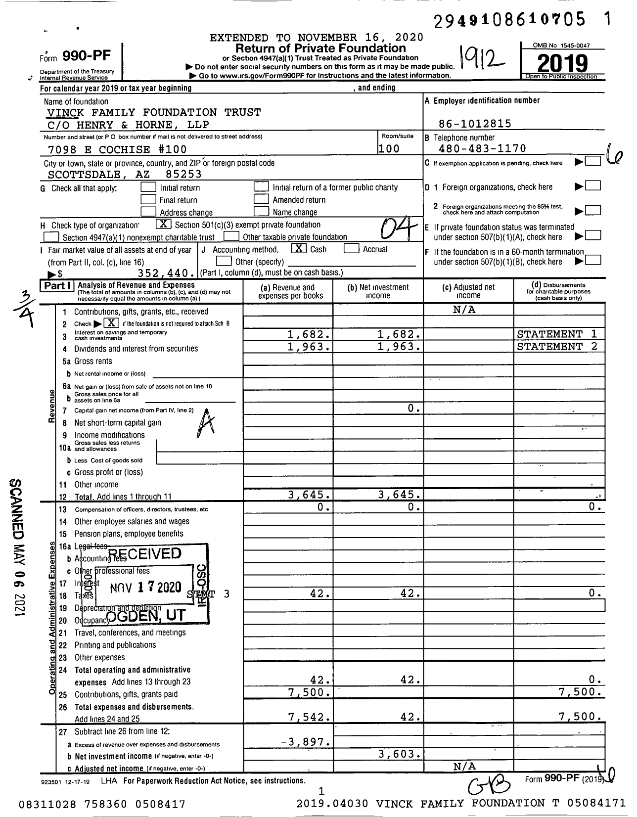 Image of first page of 2019 Form 990PF for Vinck Family Foundation Trust