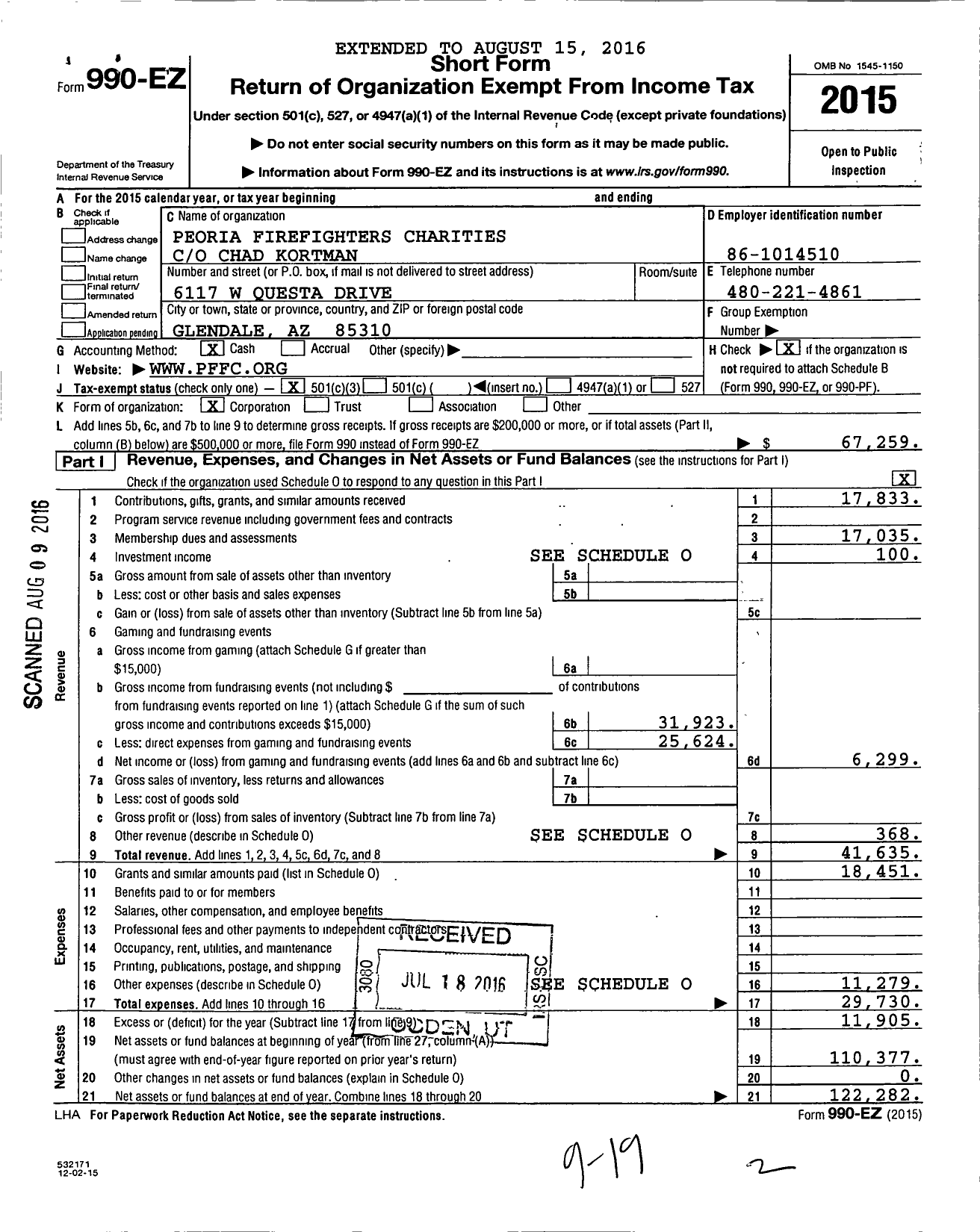 Image of first page of 2015 Form 990EZ for Peoria Firefighters Charities