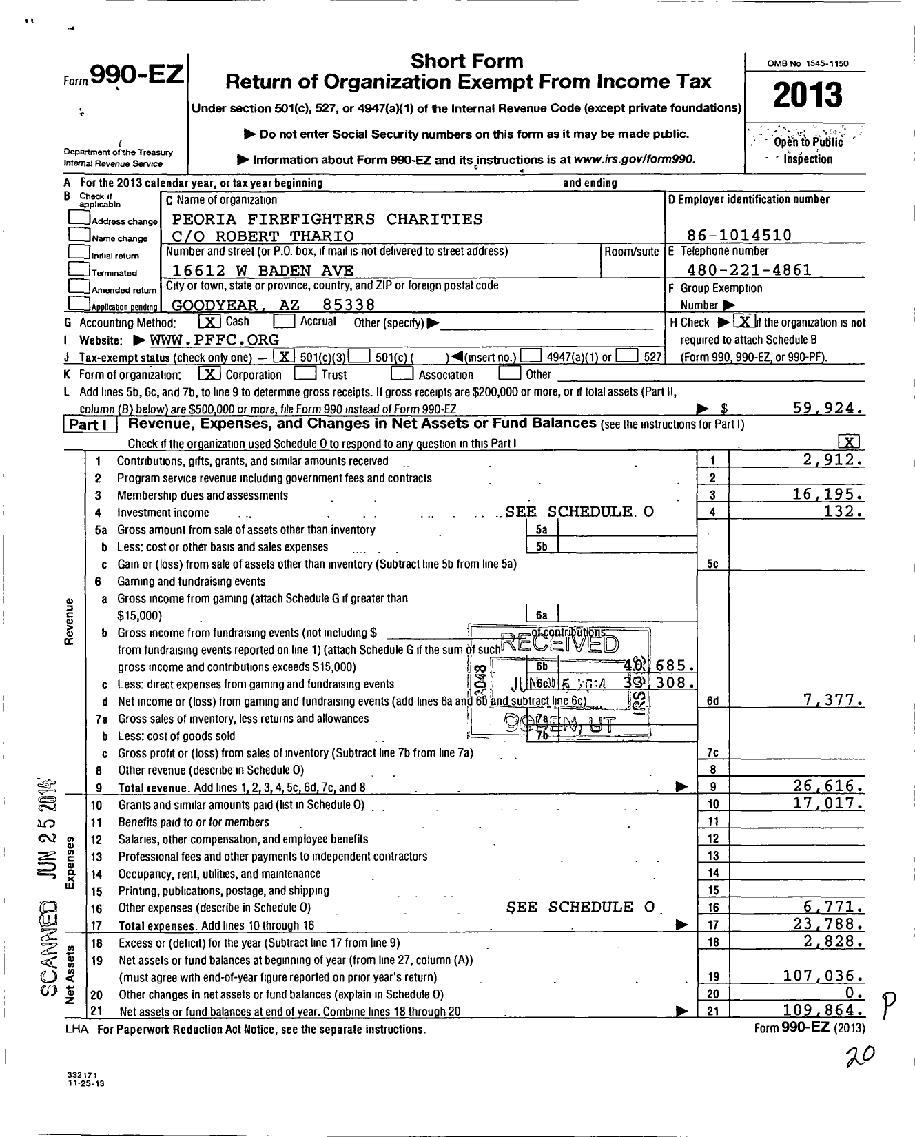 Image of first page of 2013 Form 990EZ for Peoria Firefighters Charities