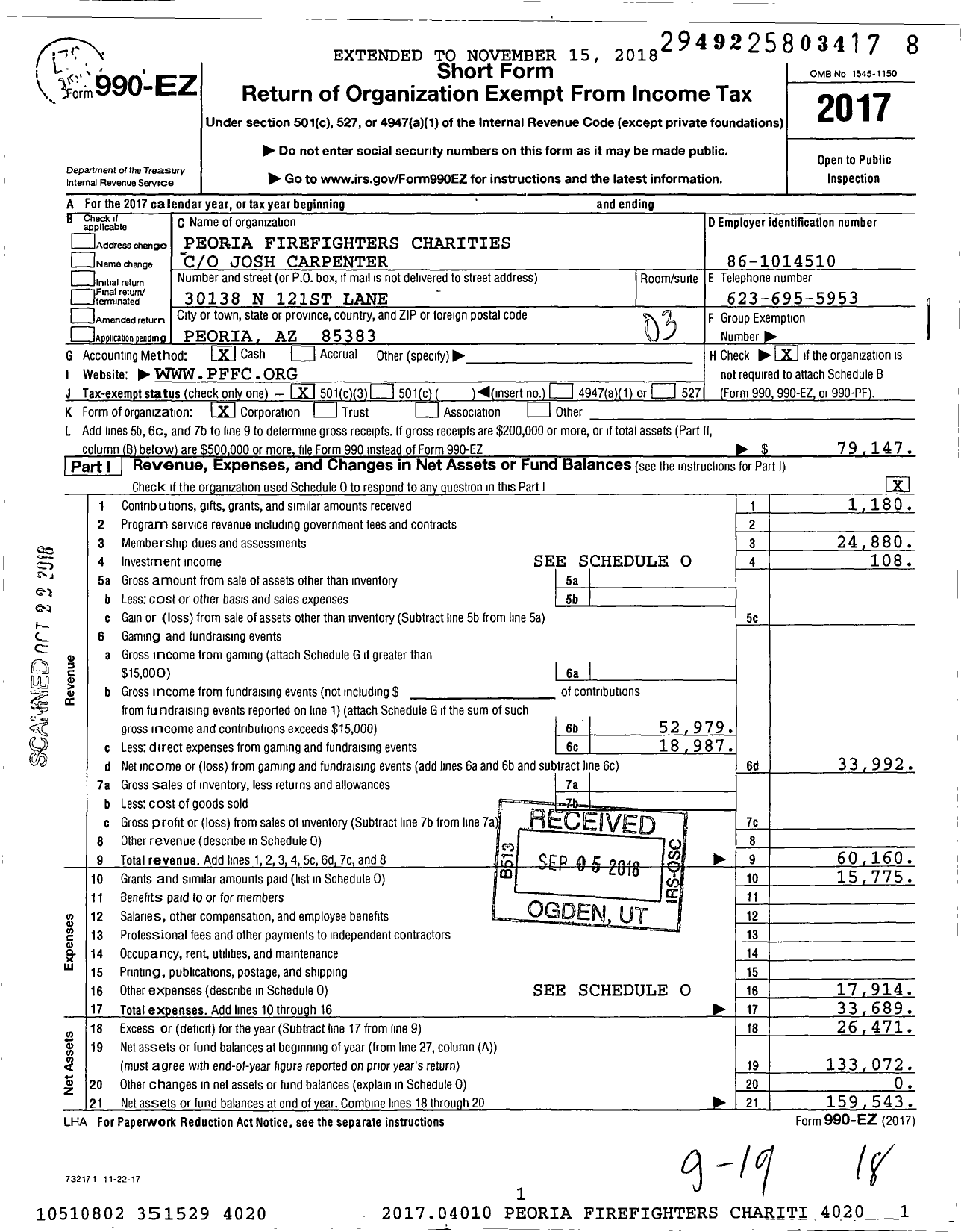 Image of first page of 2017 Form 990EZ for Peoria Firefighters Charities