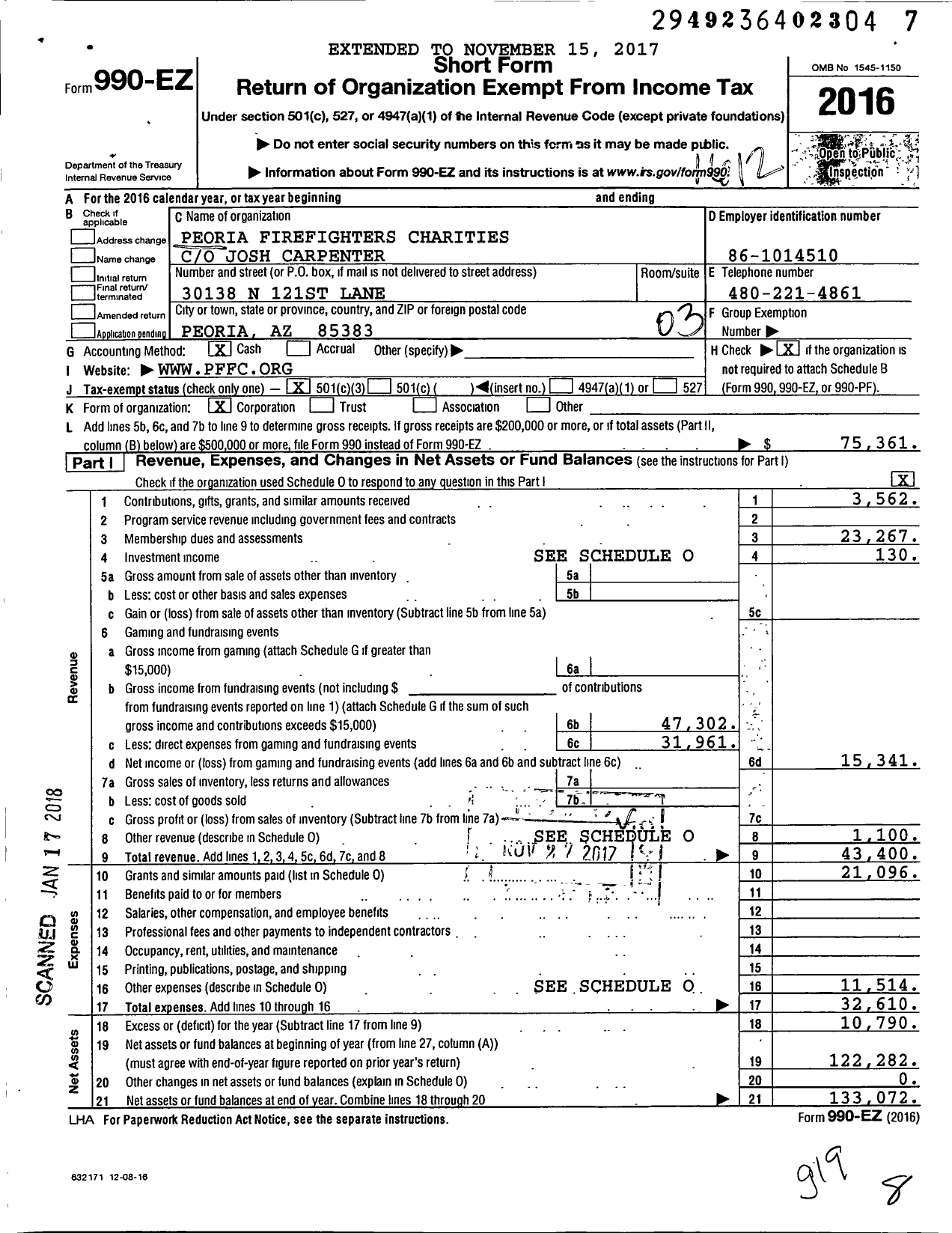 Image of first page of 2016 Form 990EZ for Peoria Firefighters Charities