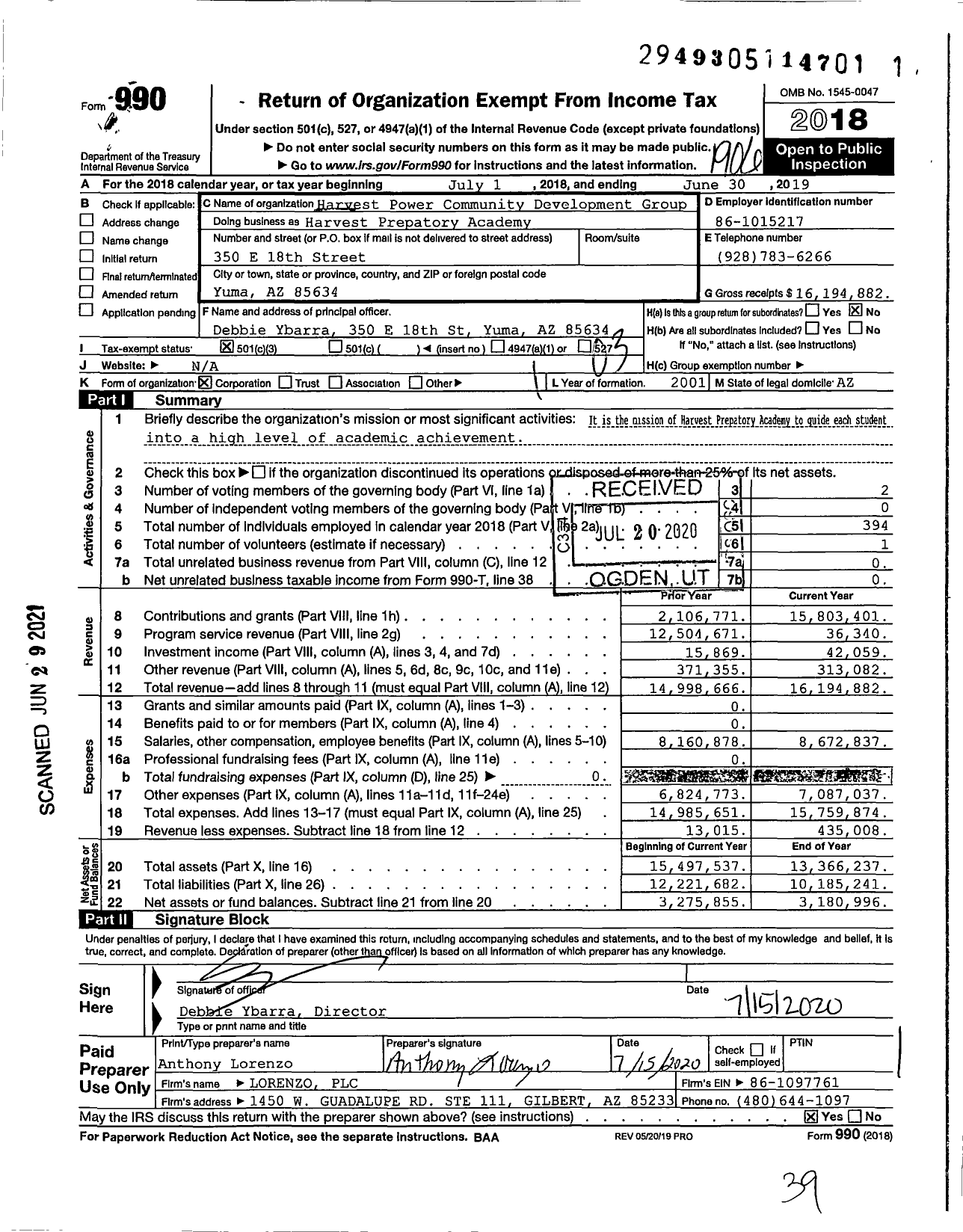 Image of first page of 2018 Form 990 for Harvest Prepatory Academy