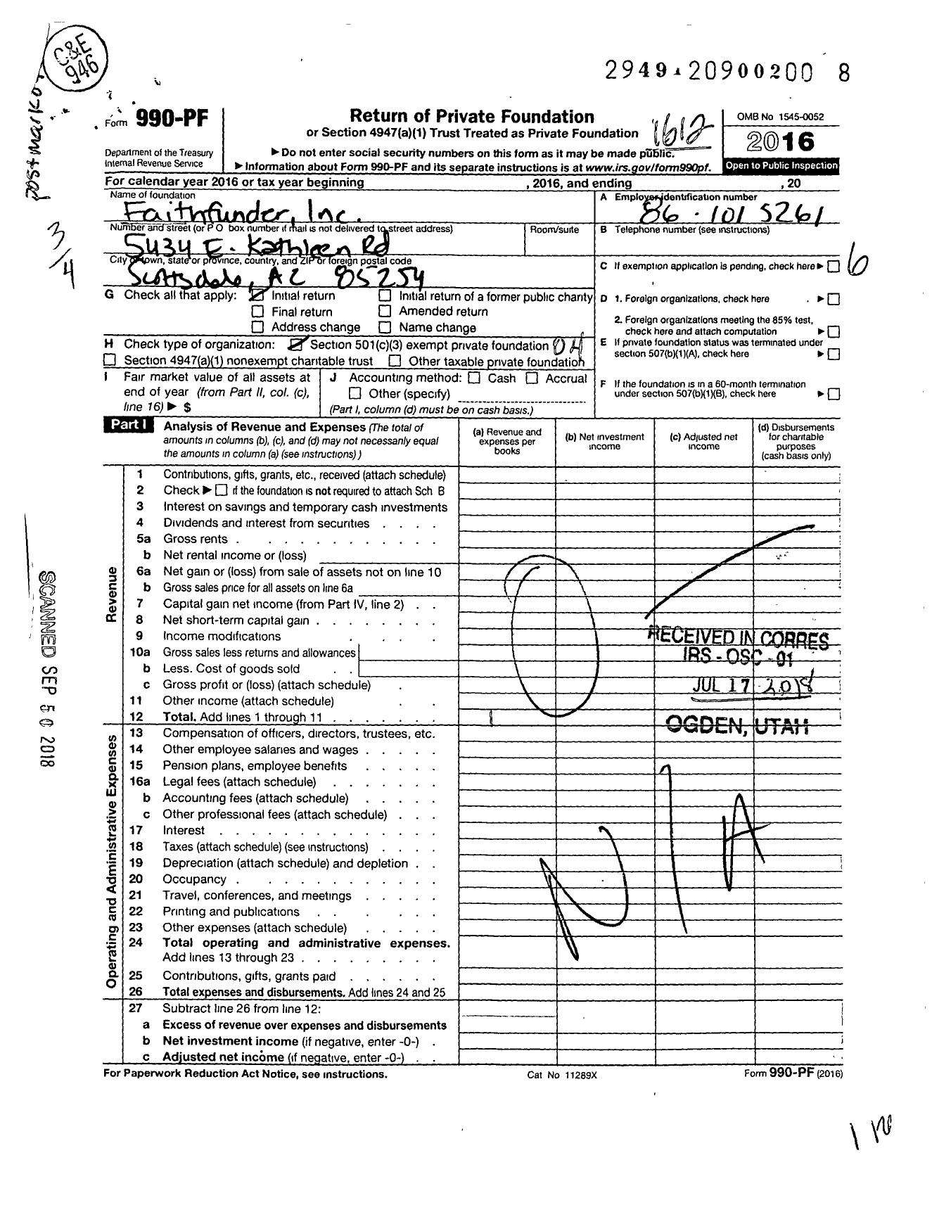 Image of first page of 2016 Form 990PF for Faithfunder