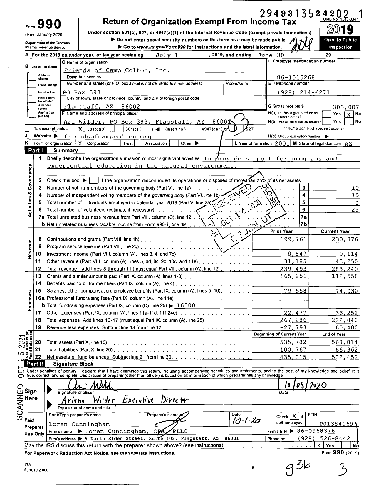 Image of first page of 2019 Form 990 for Friends of Camp Colton