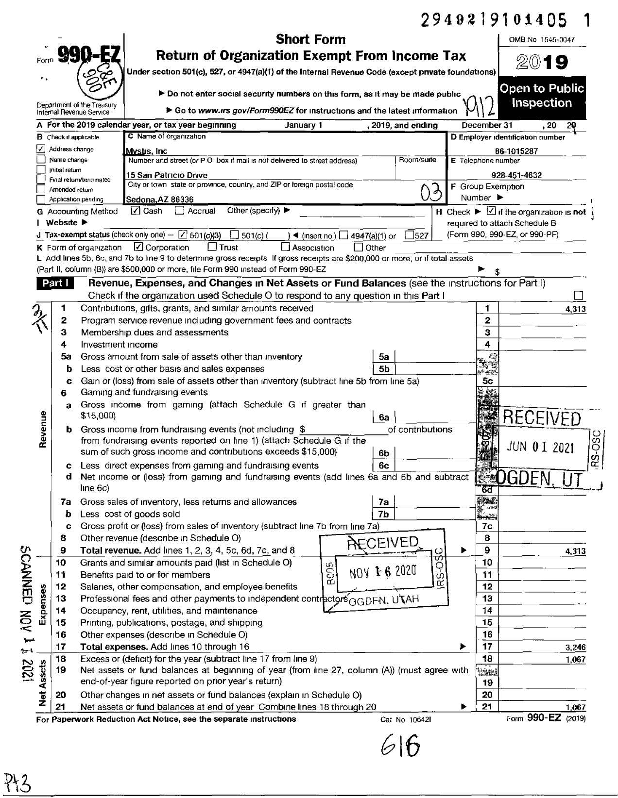 Image of first page of 2019 Form 990EZ for Mystis