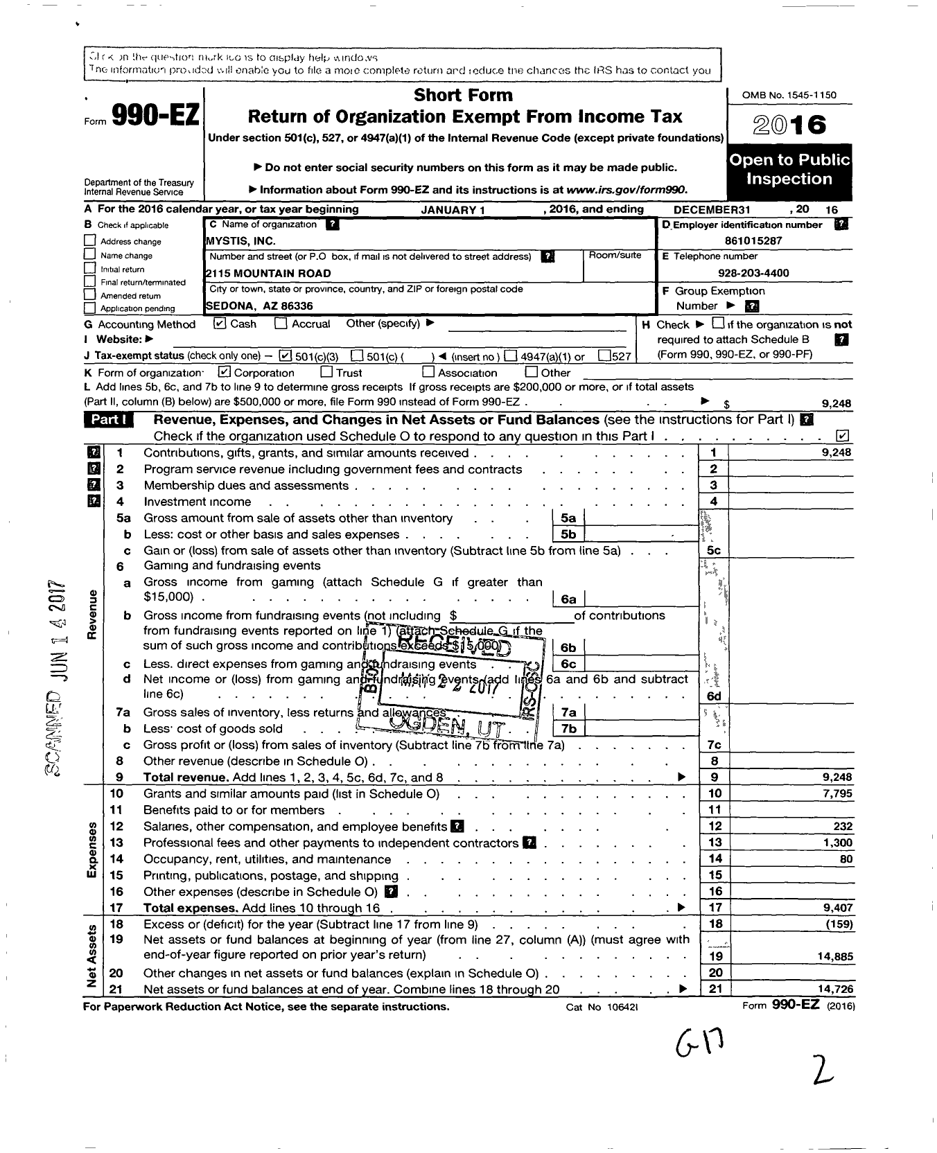 Image of first page of 2016 Form 990EZ for Mystis