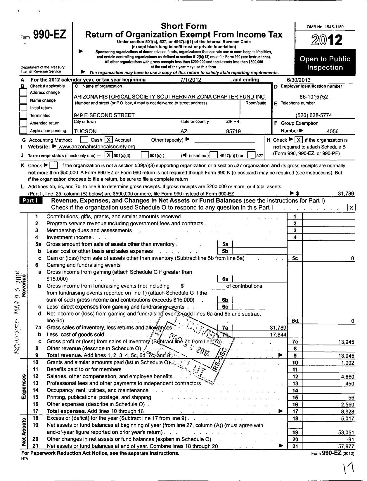 Image of first page of 2012 Form 990EZ for Southern Arixona History Connection