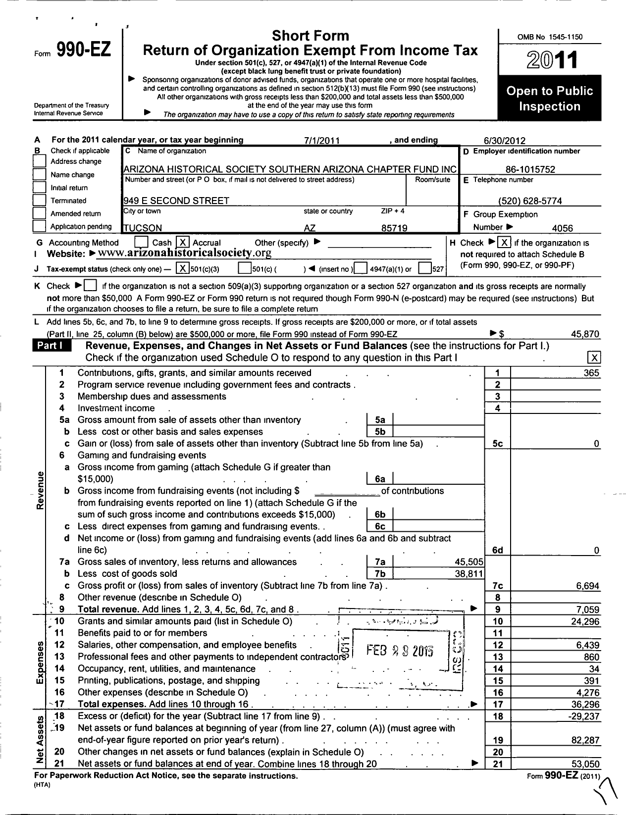 Image of first page of 2011 Form 990EZ for Southern Arixona History Connection