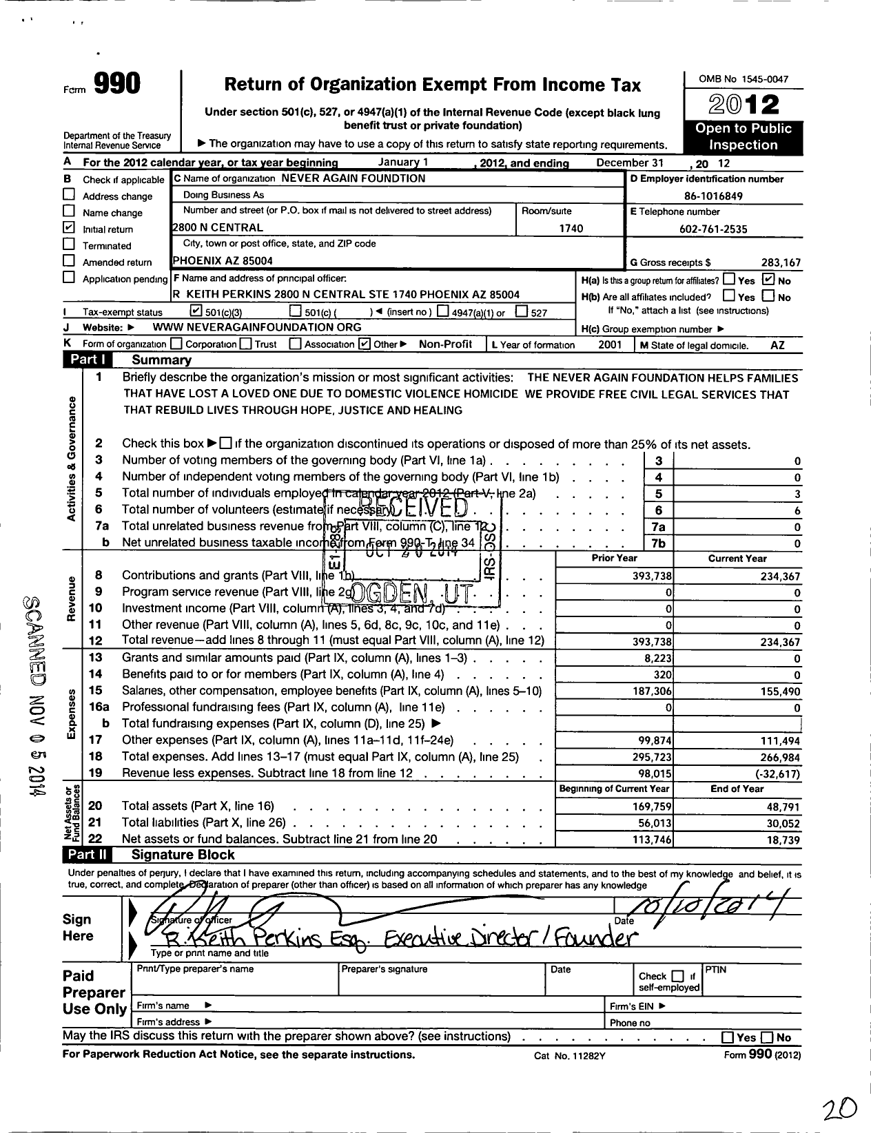Image of first page of 2012 Form 990 for Never Again Foundation Legal Services