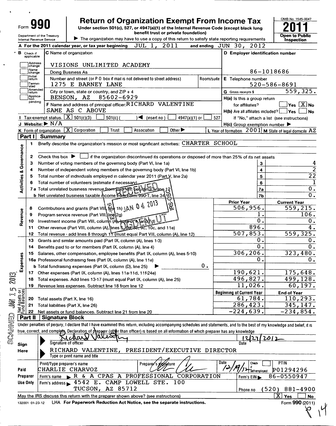 Image of first page of 2011 Form 990 for Visions Unlimited Academy