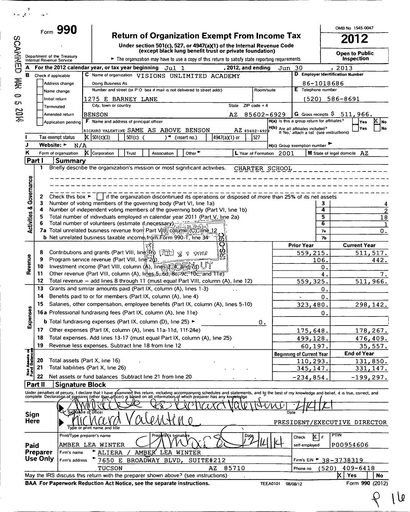 Image of first page of 2012 Form 990 for Visions Unlimited Academy