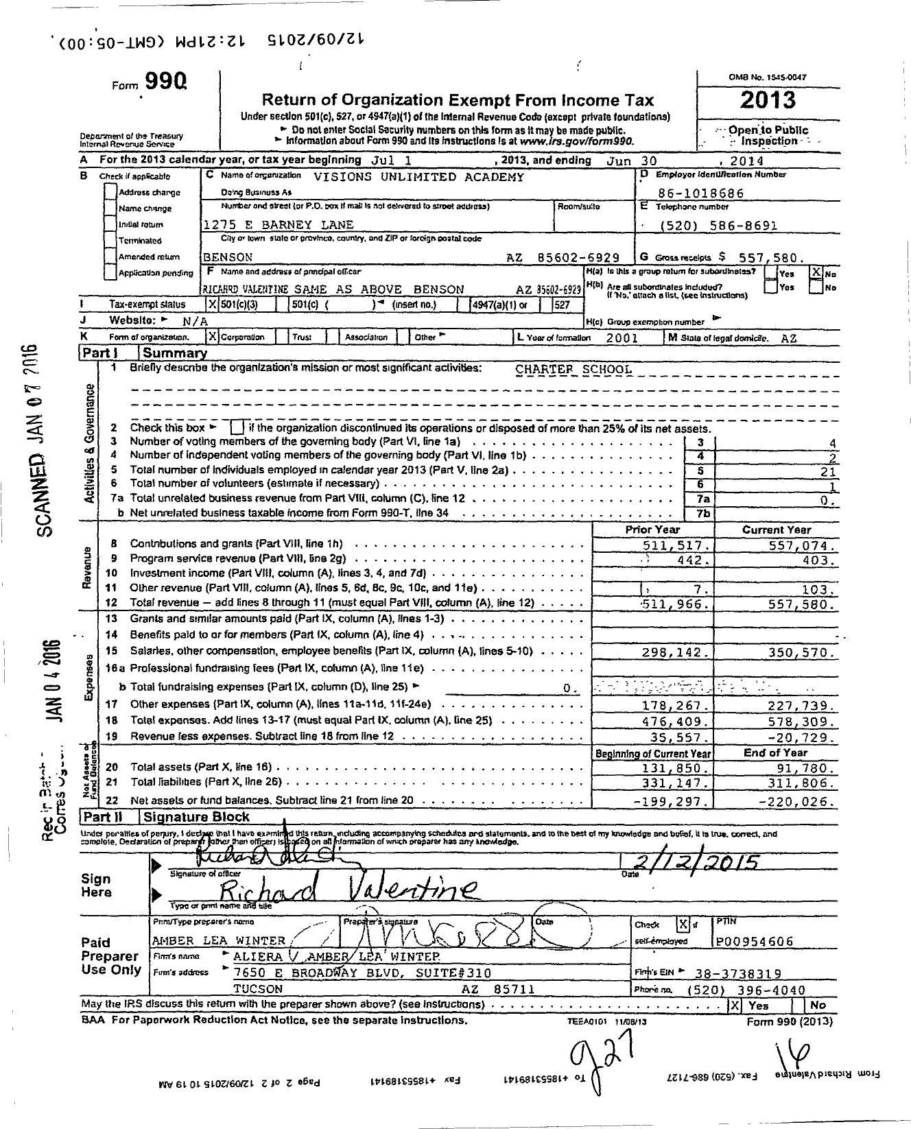 Image of first page of 2013 Form 990 for Visions Unlimited Academy