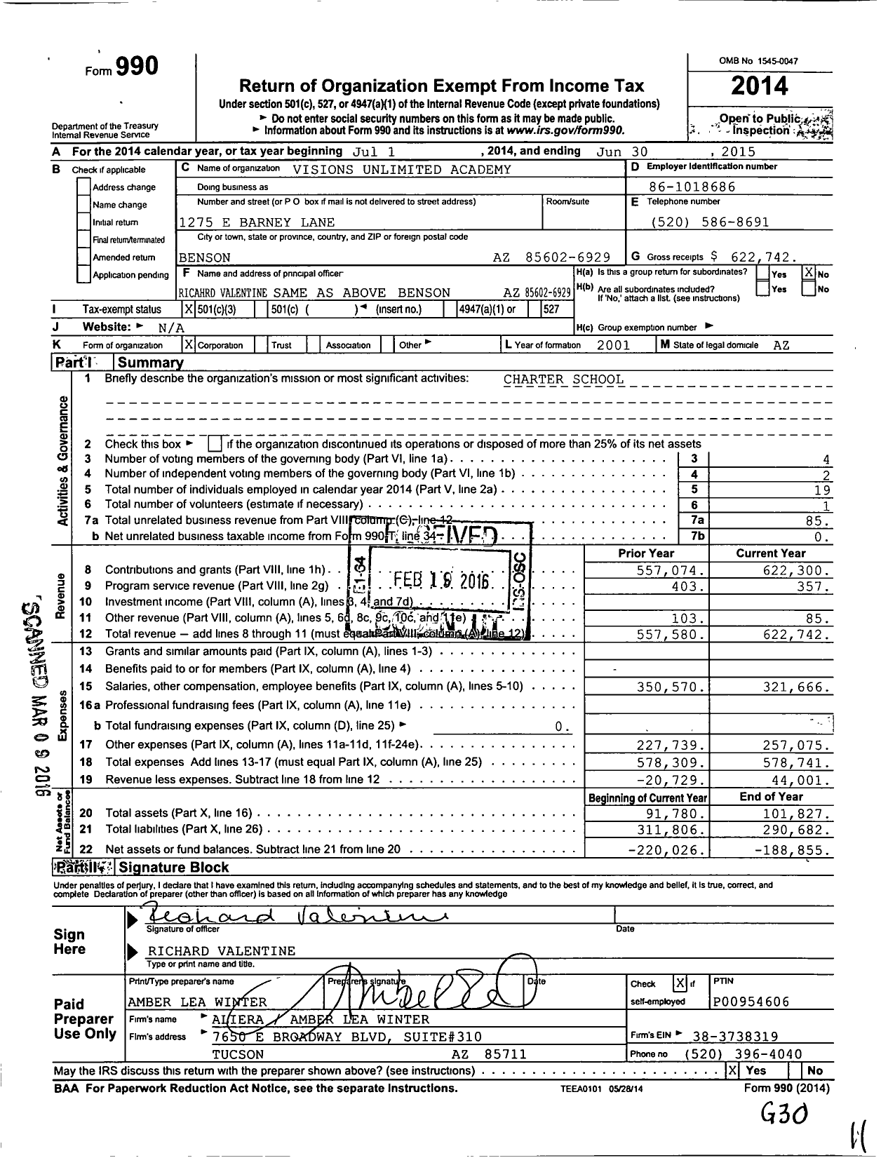 Image of first page of 2014 Form 990 for Visions Unlimited Academy